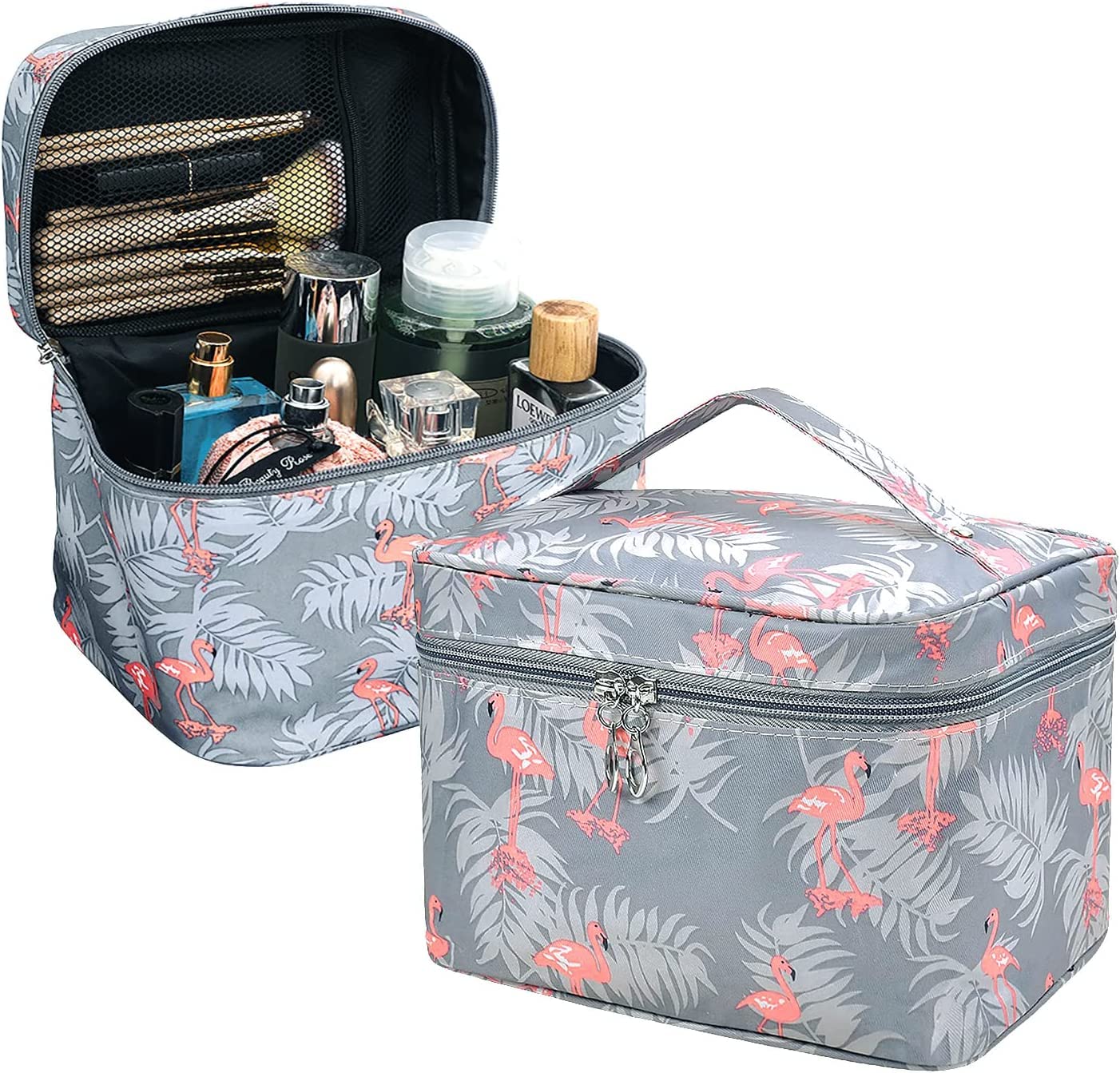 **Favria Waterproof Extra Large Cosmetic Bag for Women - Travel Makeup Organizer & Toiletry Pouch, Grey Flamingo Print - Perfect for Travel, Gym, and Daily Essentials Storage**