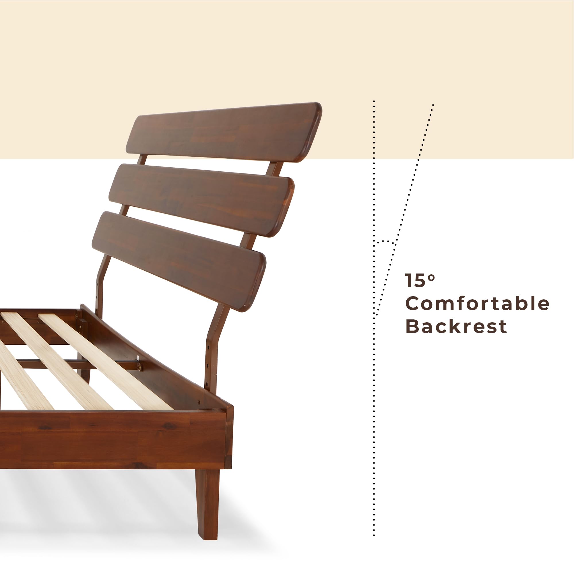 Bme Caden 15 Inch Deluxe Bed Frame with Adjustable Headboard - Mid Century Modern Retro Style Acacia Wood Platform Bed - No Box Spring Needed - 12 Strong Wood Slat Support - Easy Assembly - Dark Chocolate Finish - Full Size Bed for Master Bedroom, Guest Room & Apartment