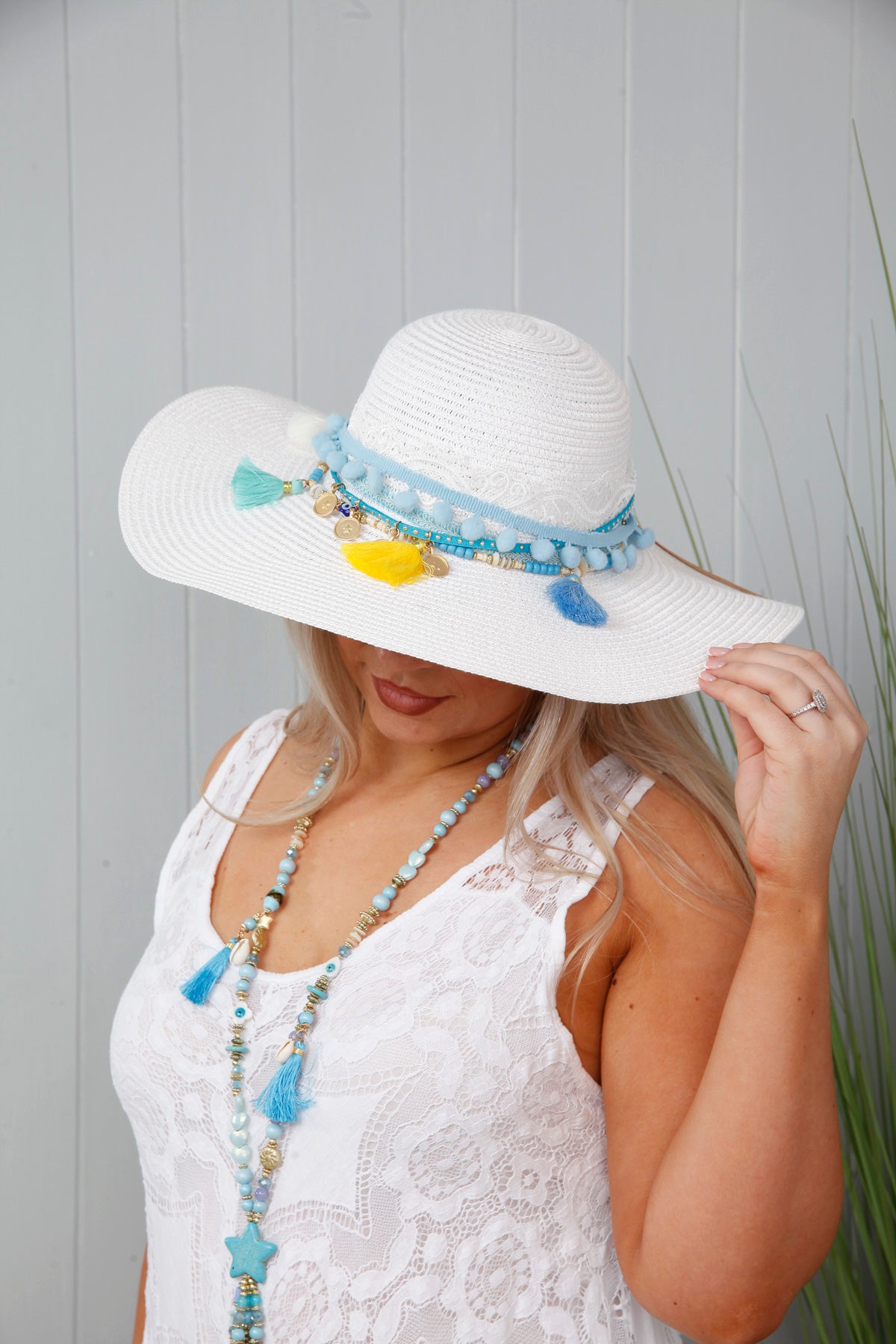 Shellie Straw Hat for Women - White Summer Beach Hat with Wide Brim - Perfect for Beach Vacations, Pool Parties, and Outdoor Adventures
