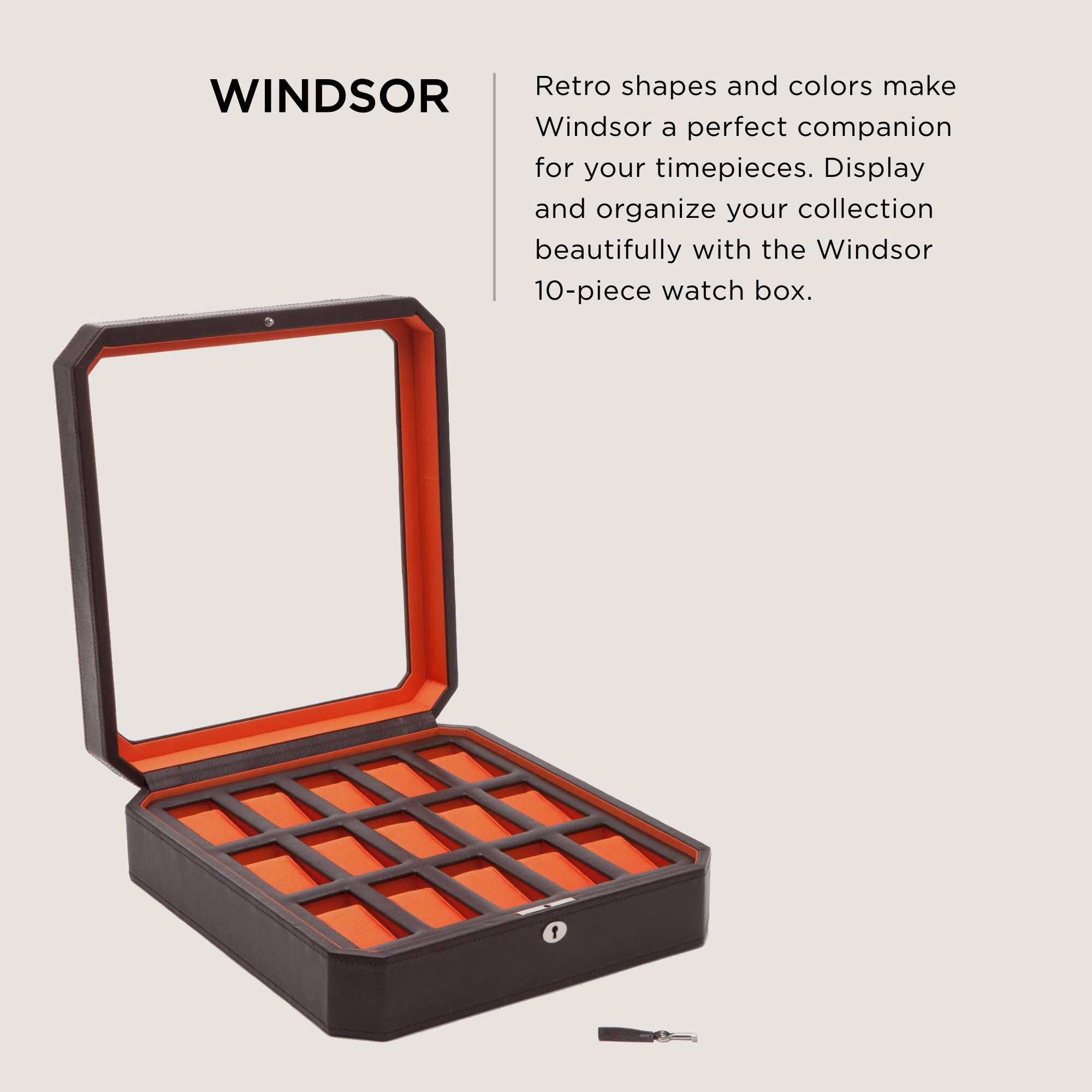 Premium WOLF Windsor 15-Piece Watch Box with Vegan Leather Exterior - 15 Watch Storage Compartments in Elegant Brown/Orange - Perfect for Watch Collectors & Jewelry Organization at Home or Office