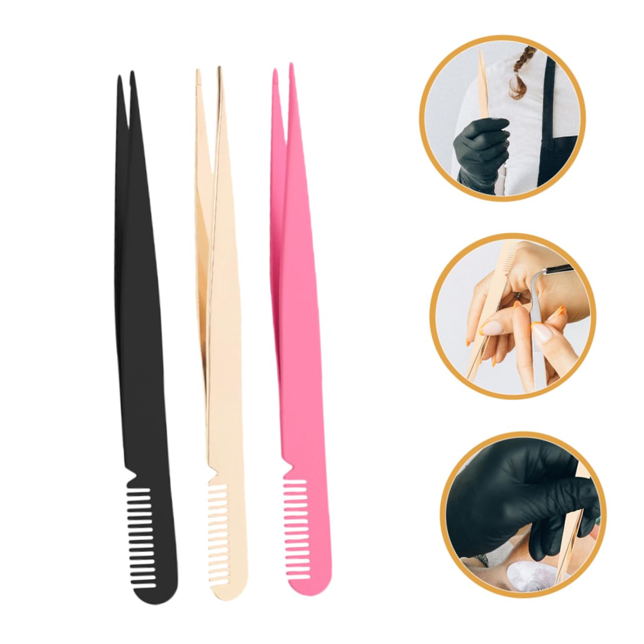 3pcs Stainless Steel Eyelash & Eyebrow Tweezers Set - Precision Lash Clamp, Comb Tweezers for Hair Removal, Makeup Application & Grooming - Perfect for Salon, Home Use & Travel Beauty Kit