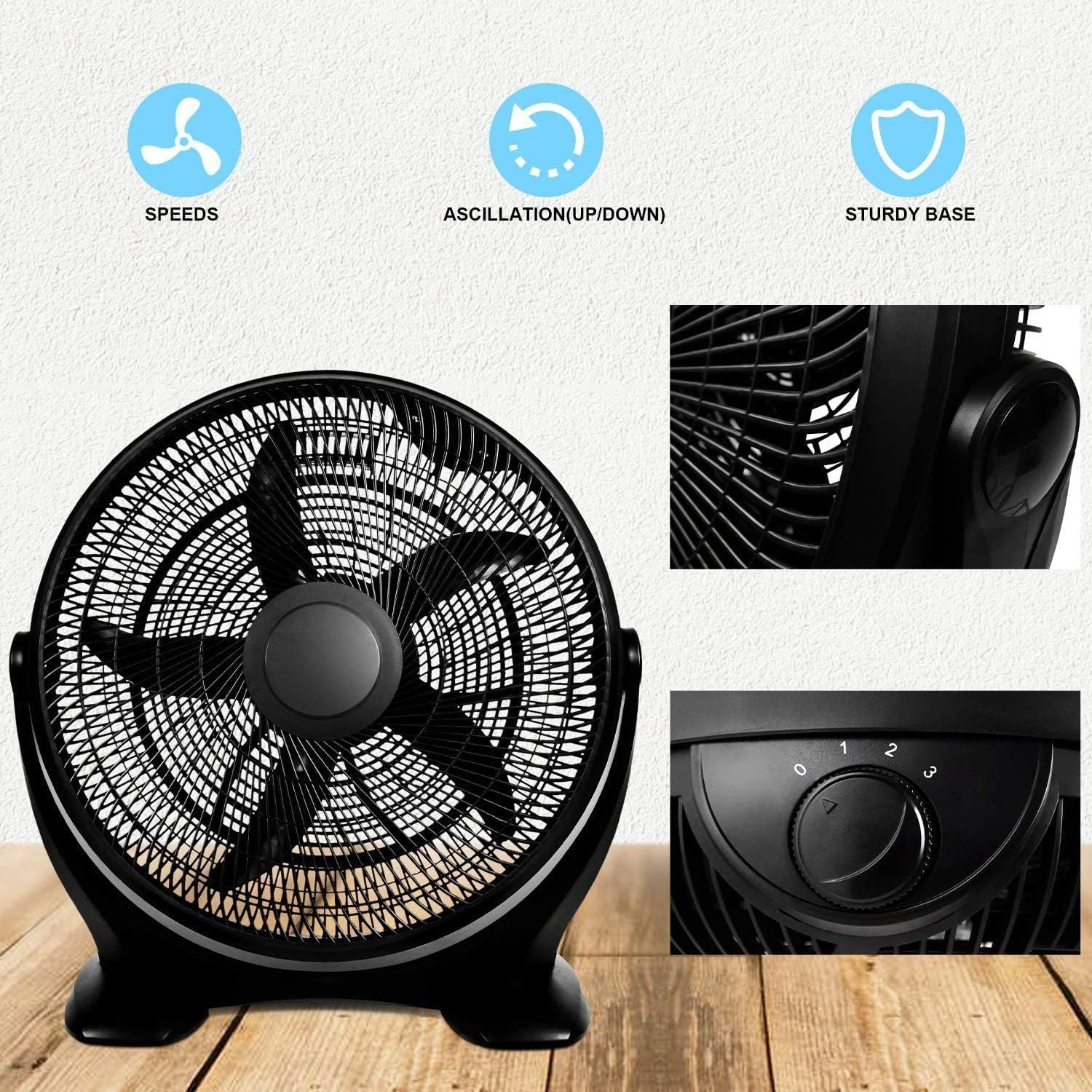 18 Inch 3 Speed Quiet Plastic Floor Fan - Indoor Outdoor Cooling for Home, Office, Commercial, Greenhouse & Patio Use - Energy Efficient Black Standing Fan
