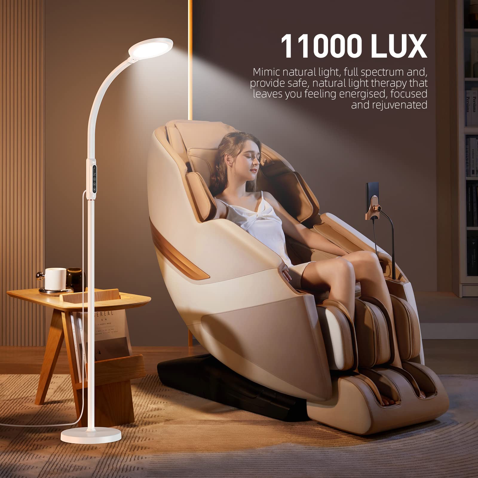 11000 Lux LED Light Therapy Lamp - UV-Free Full Spectrum Sunlight Lamp with 10 Brightness Levels, 2-in-1 Retractable Floor/Desk Lamp for Seasonal Affective Disorder (SAD), Winter Blues & Home Office Wellness