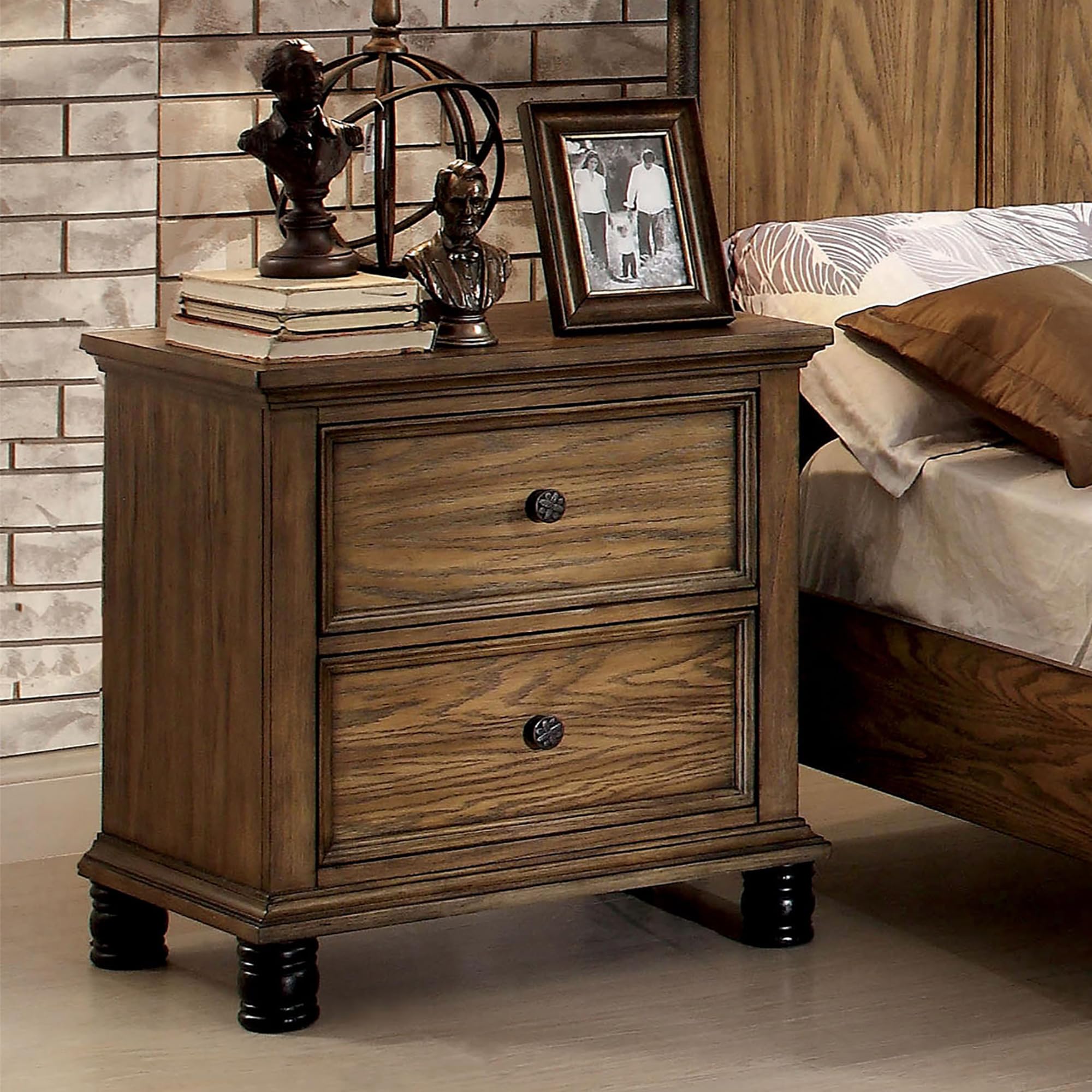 Furniture of America Monica Industrial Wood 2-Drawer Nightstand in Dark Oak - Modern Bedside Table for Bedroom, Living Room & Office Storage