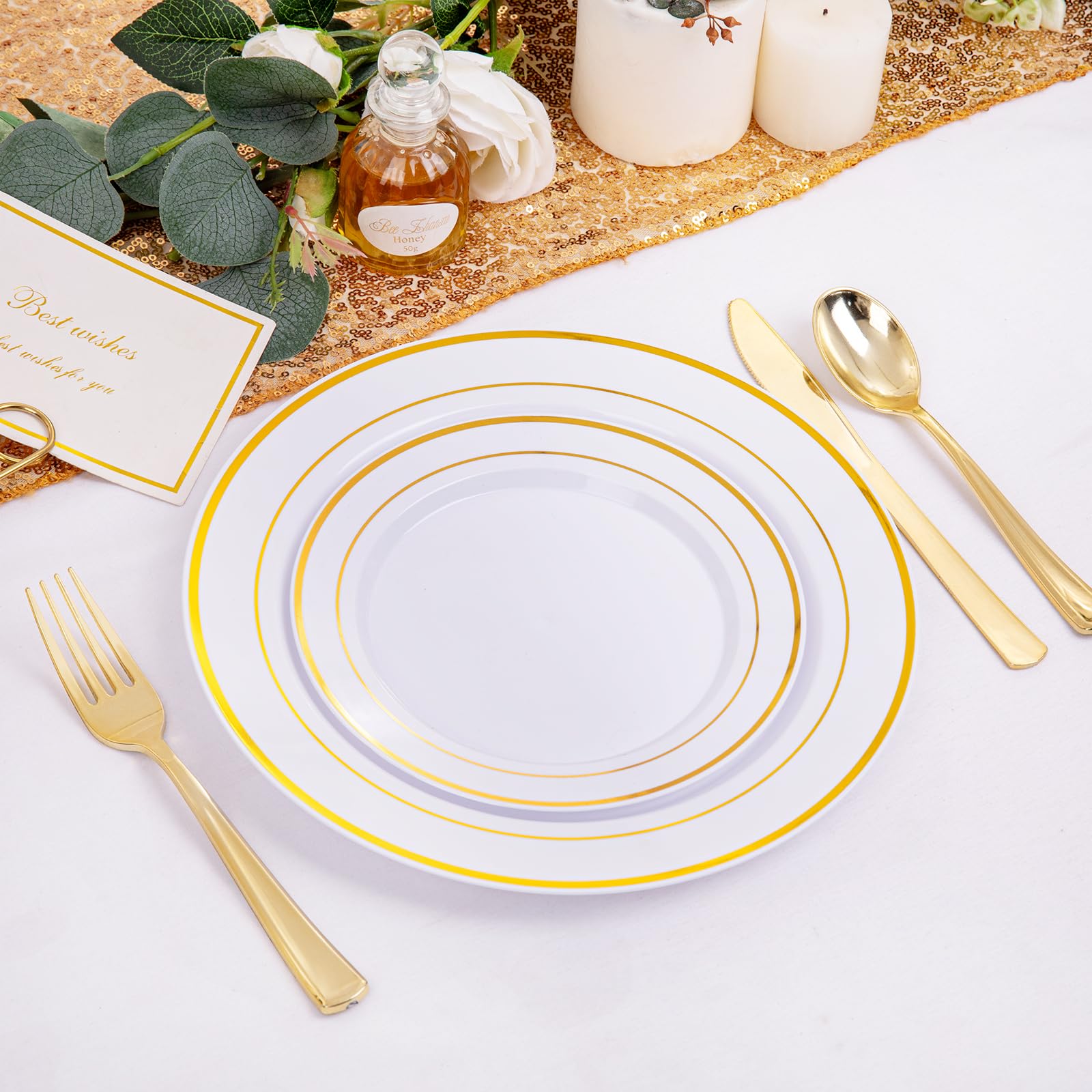 200 Pcs Gold Plastic Party Plates - Disposable Elegant Dinner & Dessert Plates Set (100 Dinner Plates + 100 Dessert Plates) for Wedding, Birthday, Holiday & Special Events - Perfect for Catering, Banquets & Home Celebrations