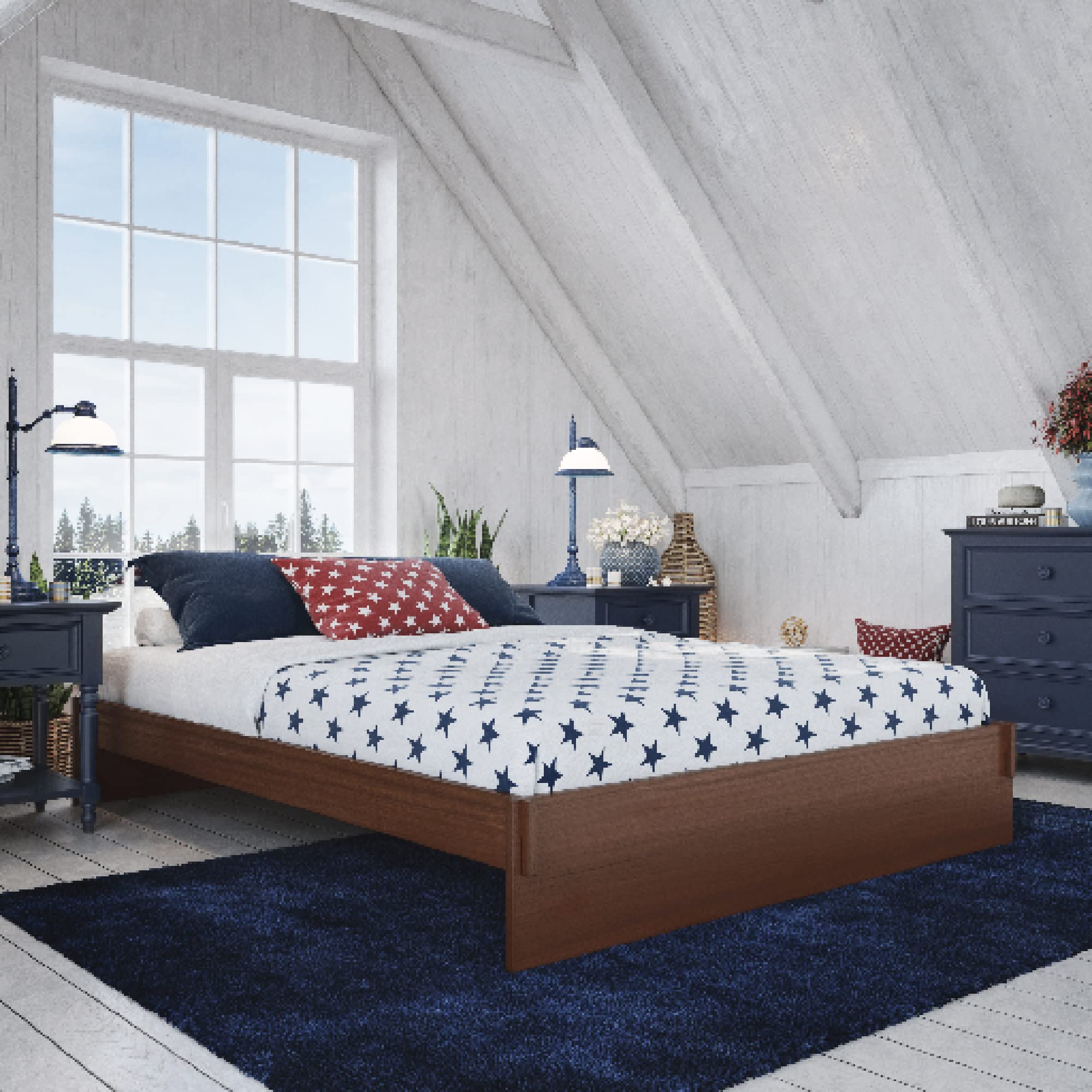 Liberty Solid Wood Platform Bed Frame - Queen Size, Walnut Finish, Sturdy & Modern Design for Bedroom, Guest Room or Dorm