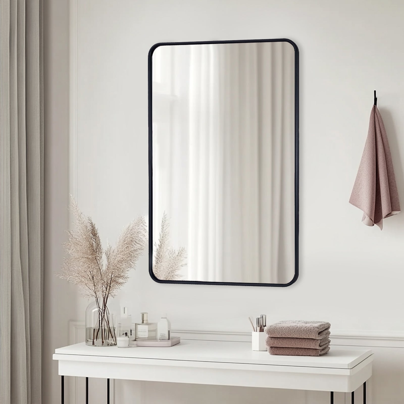 Modern Rounded Rectangular Bathroom Wall Mirror with Aluminum U-Tube Frame - Perfect for Vanity, Powder Room, and Contemporary Home Decor