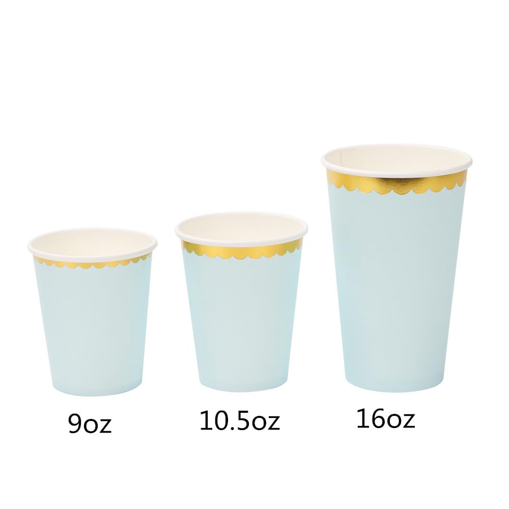 Sparkly Gold Foil Border Disposable Paper Cups - 9oz Elegant Gold & Blue Party Cups (40 Pack) for Weddings, Baby Showers, Birthday Parties & Special Events