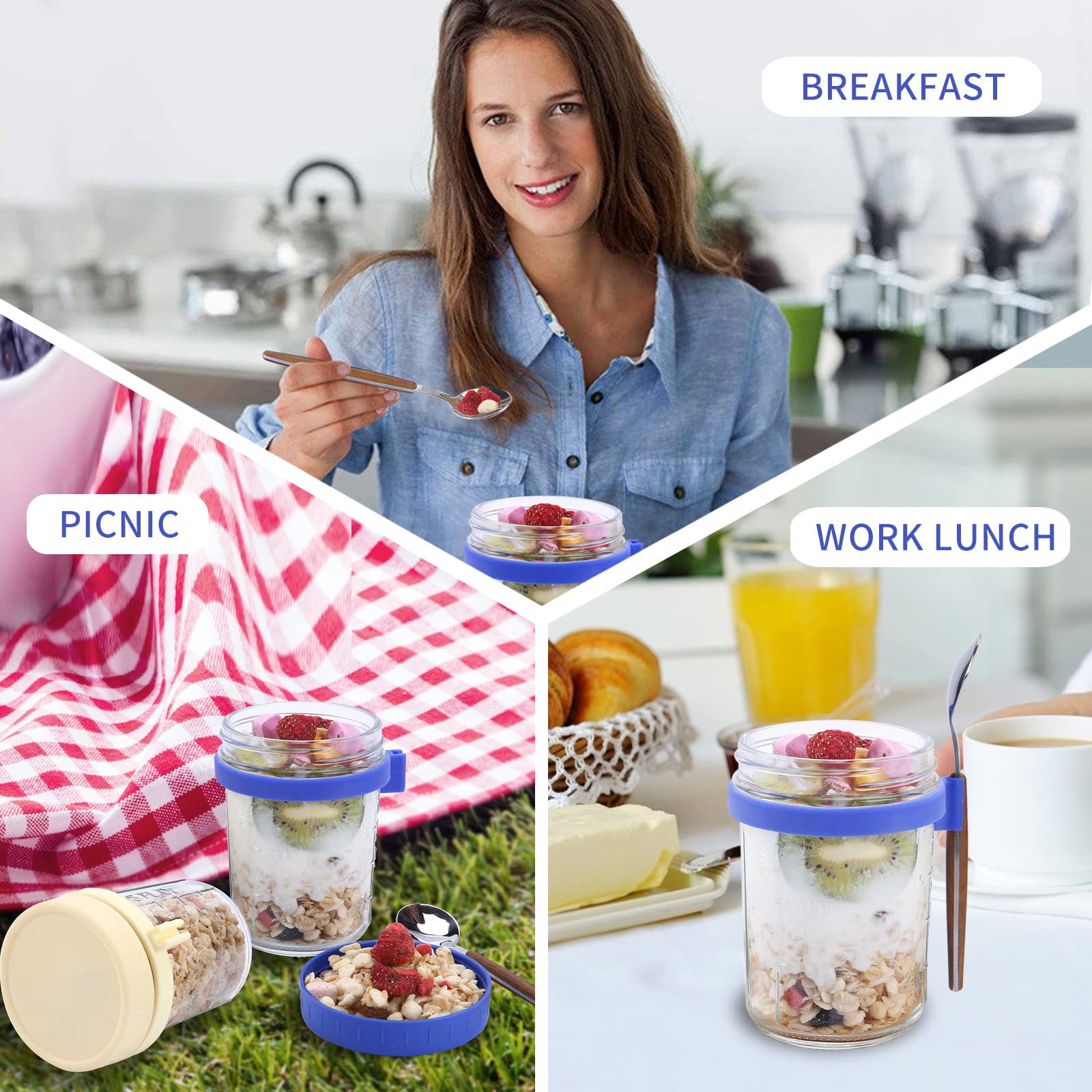 Oursouion 4 Pack Reusable Glass Overnight Oats Jars with Lids & Spoons - BPA-Free Meal Prep Containers with Measurement Marks for Oatmeal, Yogurt, Cereal & Fruit - Perfect for Healthy Breakfast, Office Lunch & Meal Prepping
