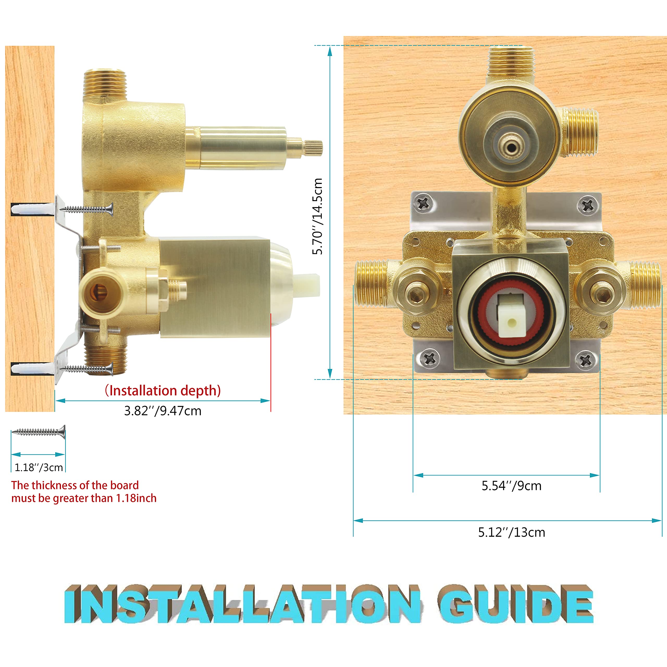 Brushed Gold 3-Way Shower Valve - Concealed Brass 3-Outlet Diverter Valve with Flow Control - Mixer Rough-In Shower Valve Kit for Bathroom, Spa, and Luxury Shower Systems