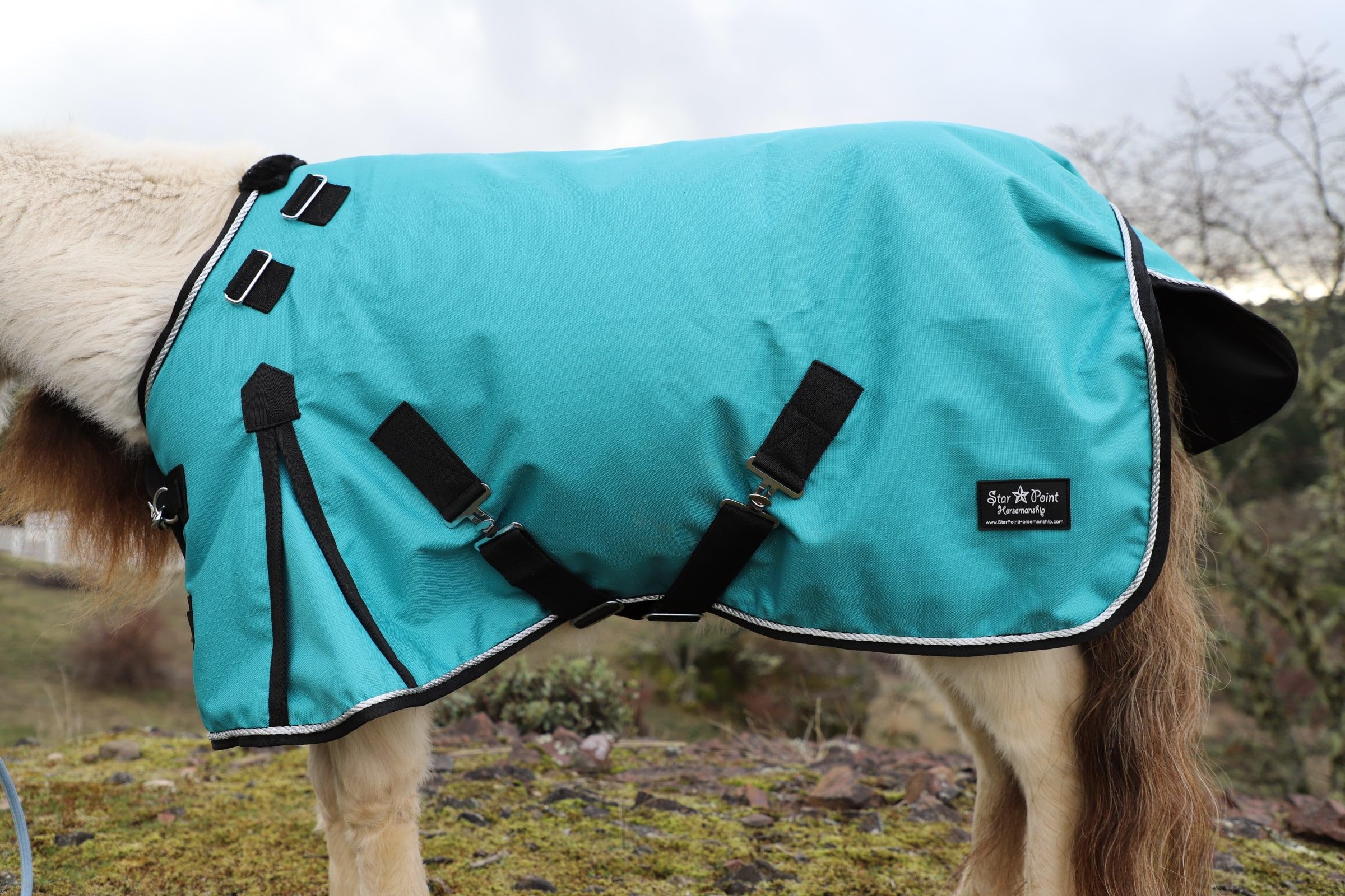Mini-Pony Horse Waterproof Windproof Turnout Blanket with Hood - 1200D Ripstop Fabric, 100g Fill, Breathable Lining (Teal, 38-40