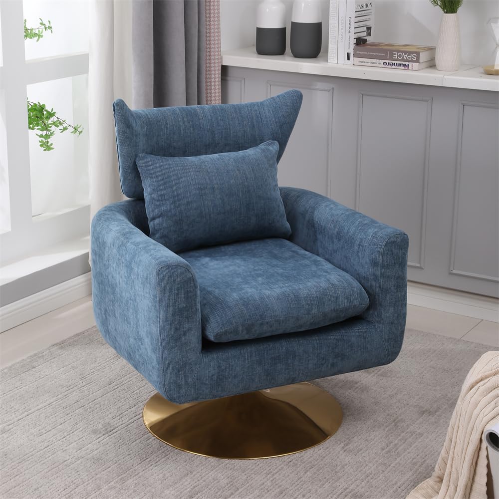 Modern Swivel Accent Chair with Pillow & Cushion - Ergonomic Linen Lounge Chair with Headrest & Curved Armrests - Comfortable Living Room & Bedroom Seating for Relaxing, Reading & Entertaining (Blue)