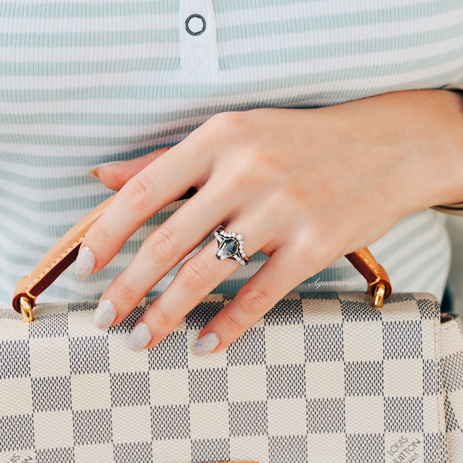 14K White Gold Coffin Cut Salt and Pepper Diamond Ring Set - Herkimer Diamond Engagement & Wedding Band - Perfect for Unique Bridal Jewelry & Anniversary Gifts