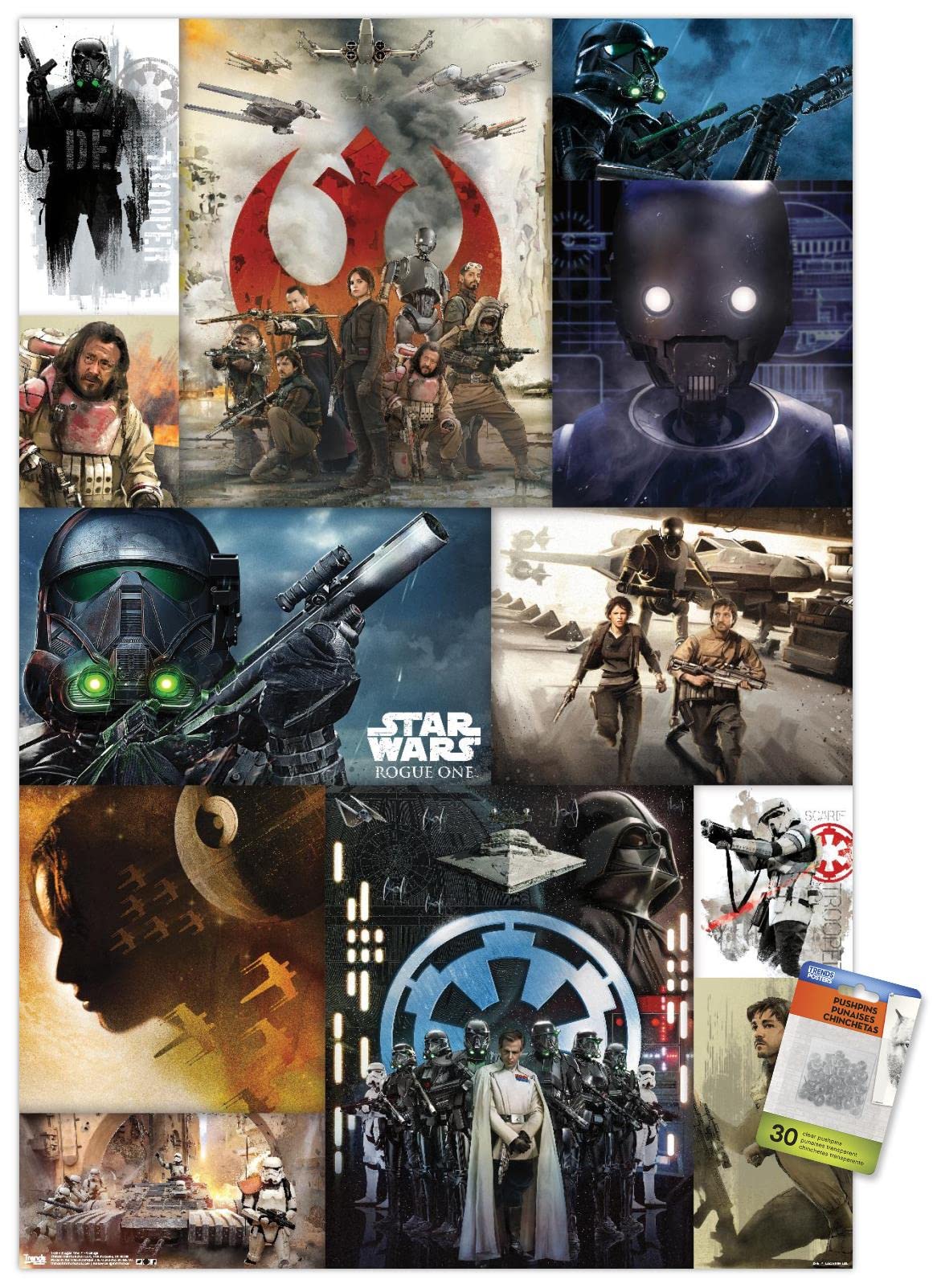 Star Wars Rogue One Movie Poster - 24x36 Inch Premium Collage Wall Art with Push Pins for Bedroom, Office & Game Room Decor