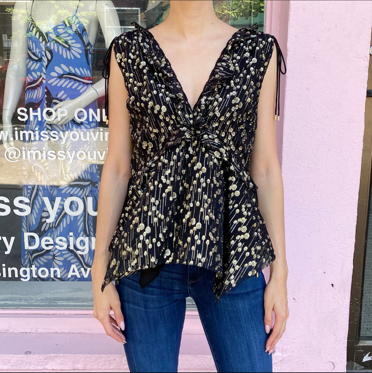 Derek Lam Women's Black & Gold Metallic Dot Ruffle Boho Blouse - Stylish Boho Chic Top for Casual Outings & Date Nights