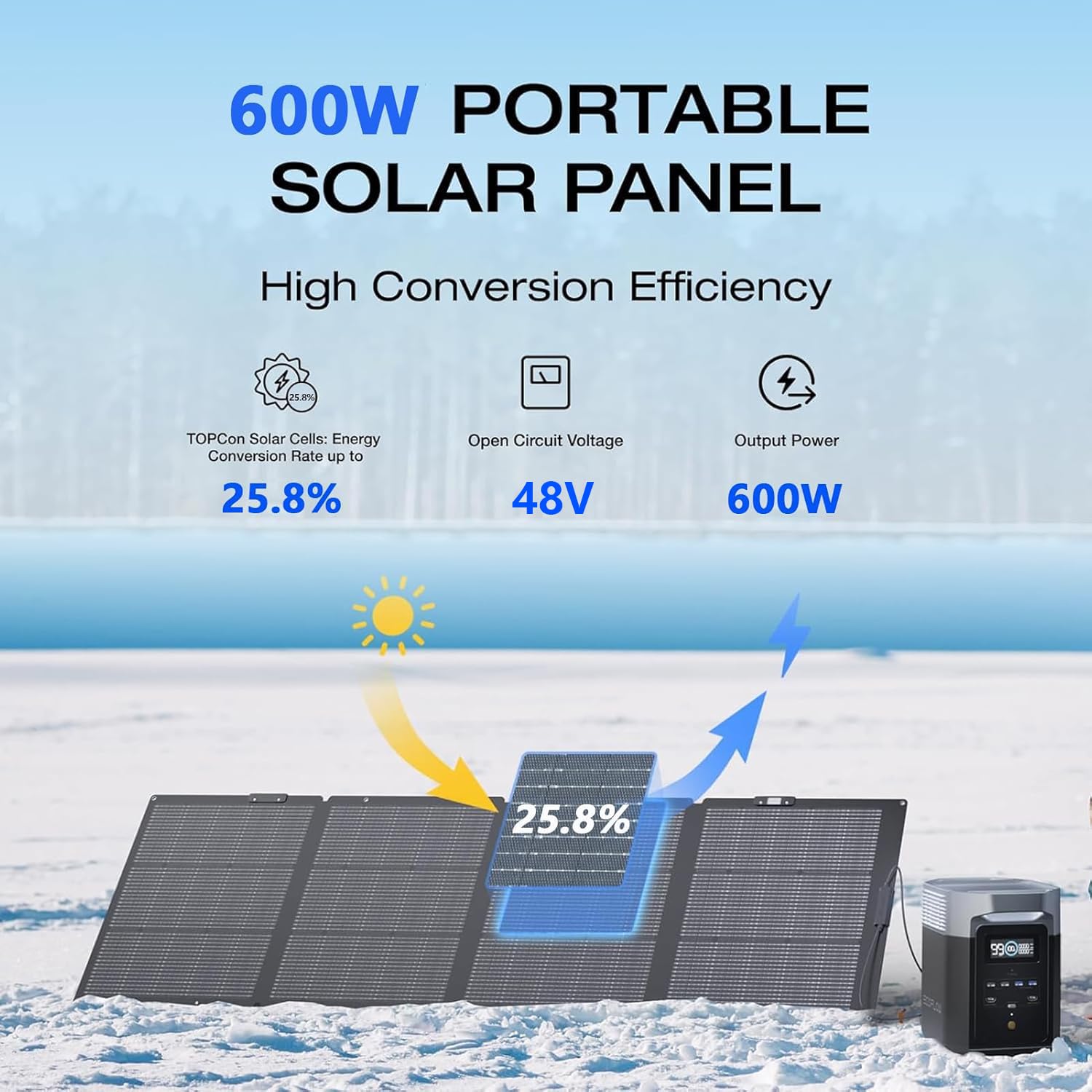 600W Foldable Solar Panel - High Efficiency 25.8% IP67 Waterproof Portable Solar Charger with 4-in-1 Cable for Power Station, Camping, RV, Off-Grid Living - Perfect for Outdoor Adventures & Emergency Power Backup