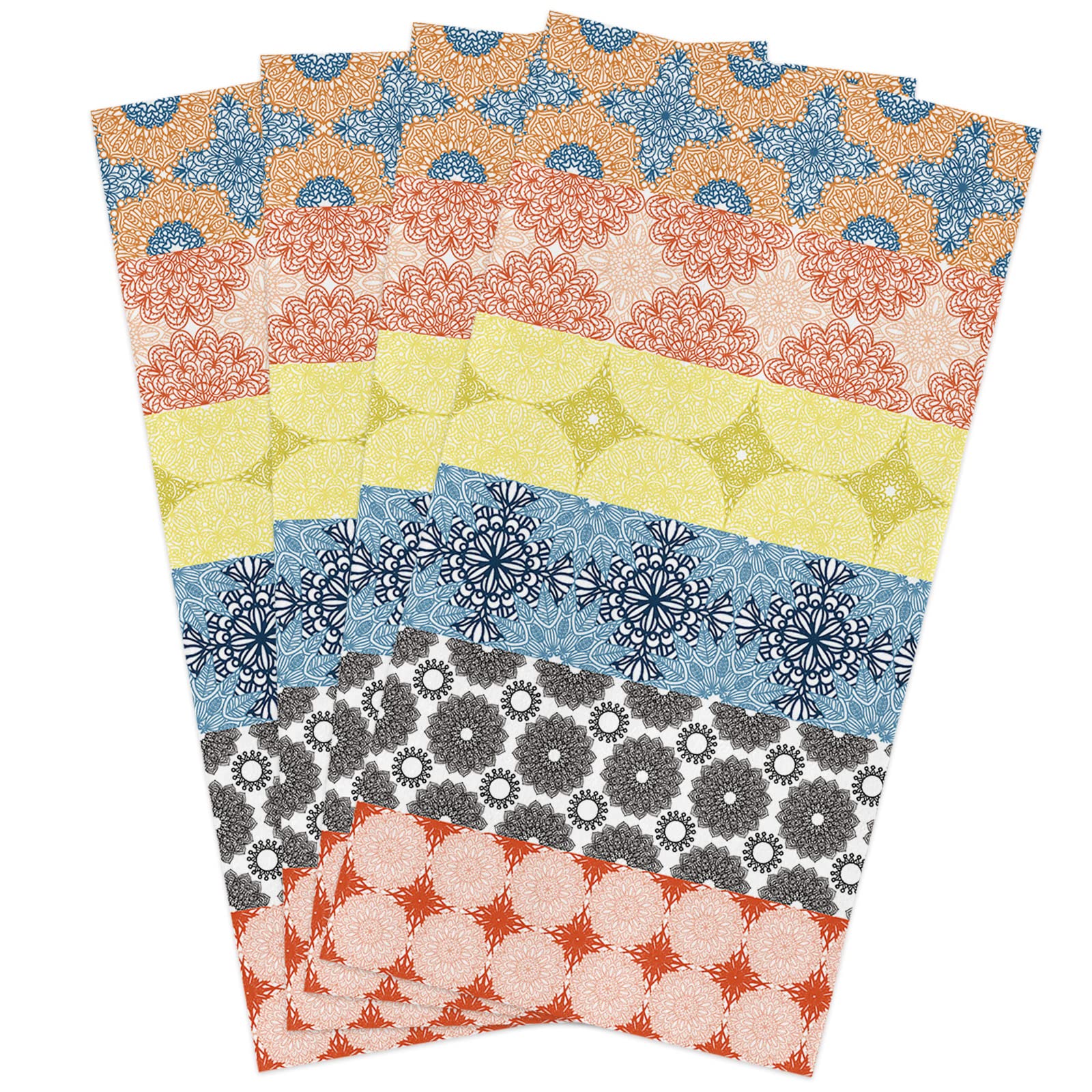 4 Pack Bohemian Style Kitchen Towels - Soft Absorbent Cotton Dish Cloths with Orange Yellow Blue Floral Print, Perfect for Drying Dishes, Bar Use & Bathroom Hand Towels - Ethnic Decor for Farmhouse & Modern Kitchens