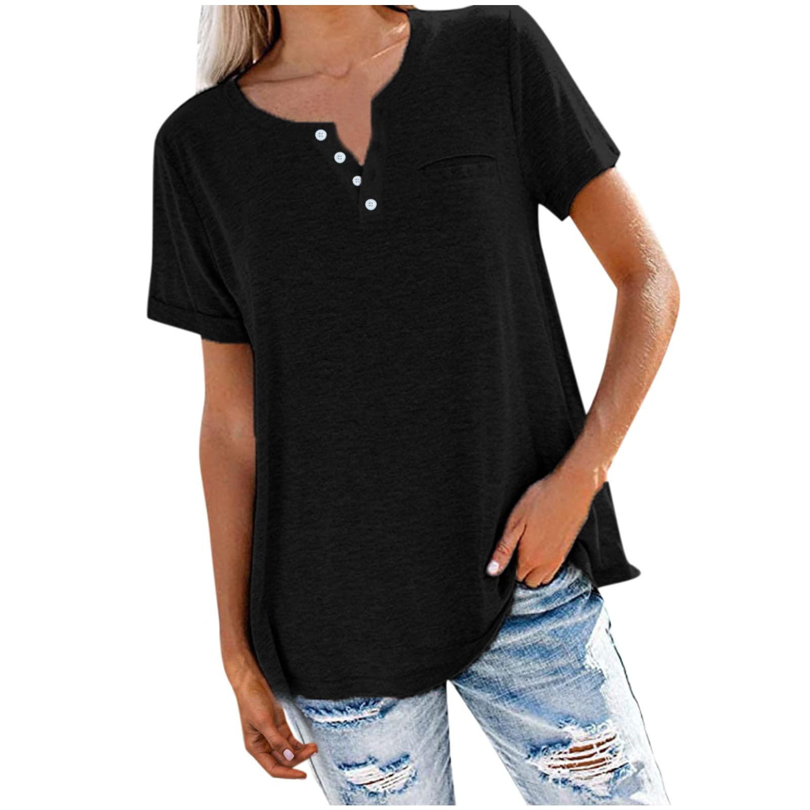 LXGWQF Women's V-Neck T-Shirts - Summer Casual Short Sleeve Blouse with Fake Pockets, Solid Color & Striped Options | Perfect for Work, Travel & Everyday Wear