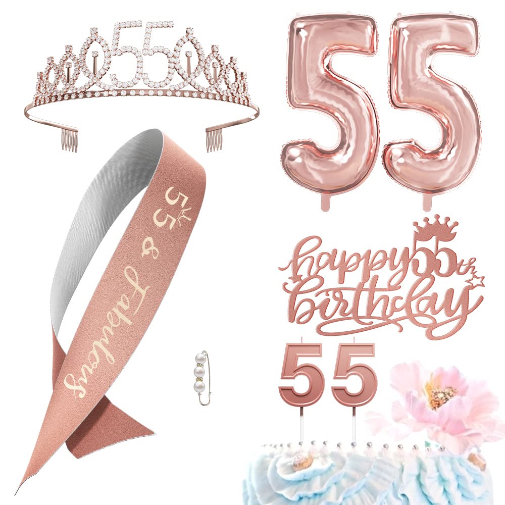 55th Birthday Party Decorations for Women - Elegant Rose Gold Cake Topper, Balloons, Queen Sash with Pearl Pin, Tiara Crown & Candle Set - Perfect for Milestone Celebrations, Retirement Parties & Special Occasions