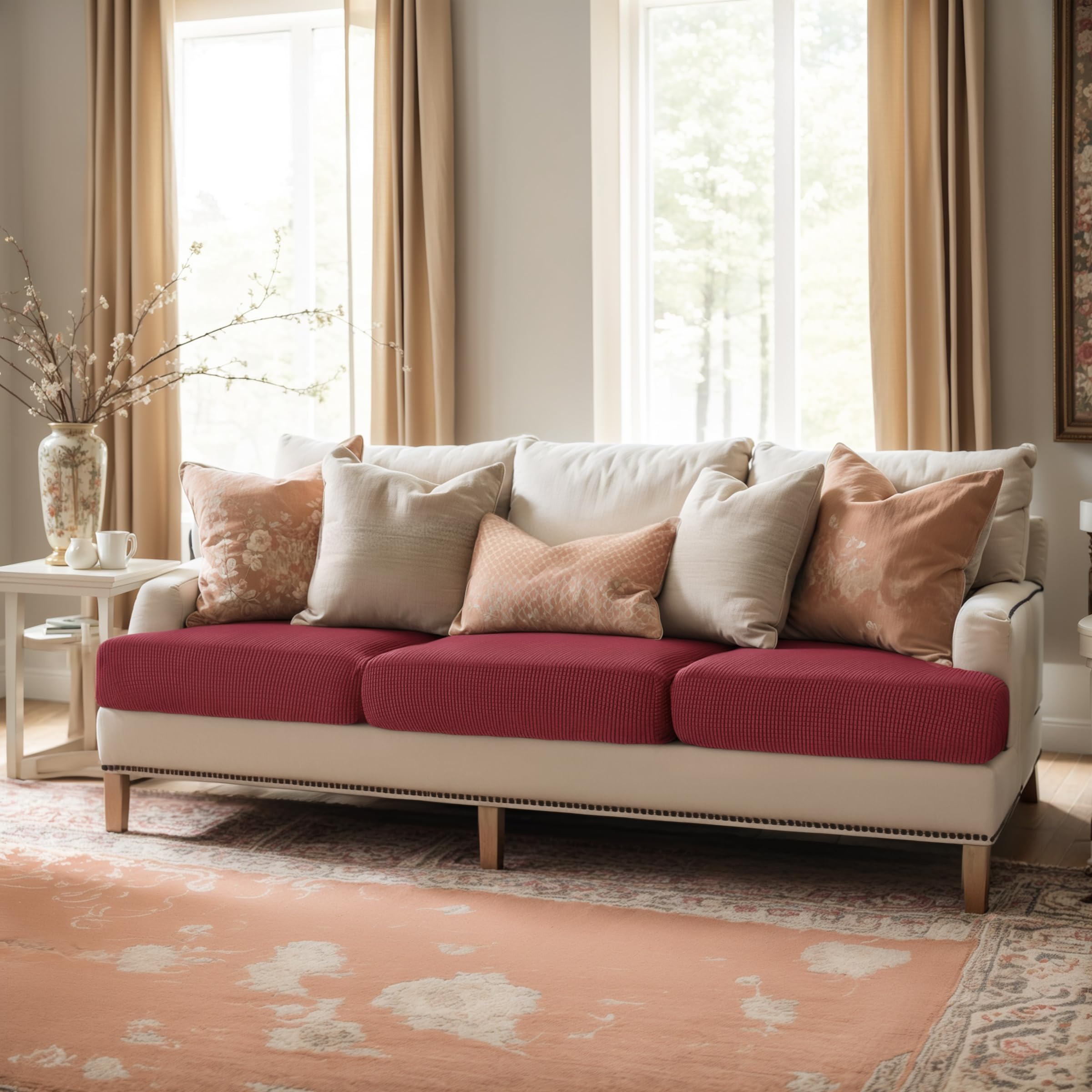 SUBRTEX Stretch Couch Cushion Cover - 3 Piece Sofa Cushion Slipcover with High Elasticity, Furniture Protector for Living Room & RV (Wine Red) | Perfect for Home Decor, Pet Protection, and Sofa Refresh