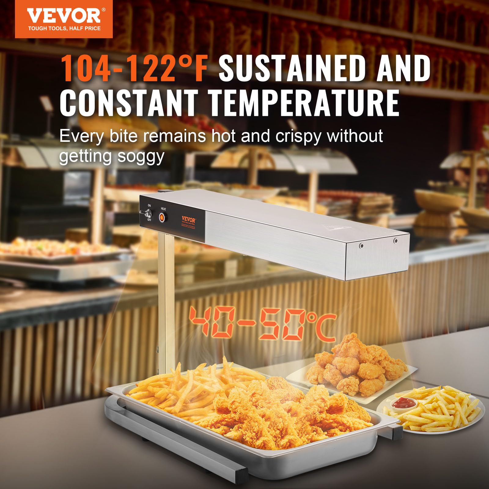 VEVOR 750W Commercial French Fry Warmer - Stainless Steel Electric Food Heating Lamp with Adjustable Temperature 104-122°F - Perfect for Chip Buffet, Restaurant Kitchen Countertop & Fast Food Service Stations - Silver