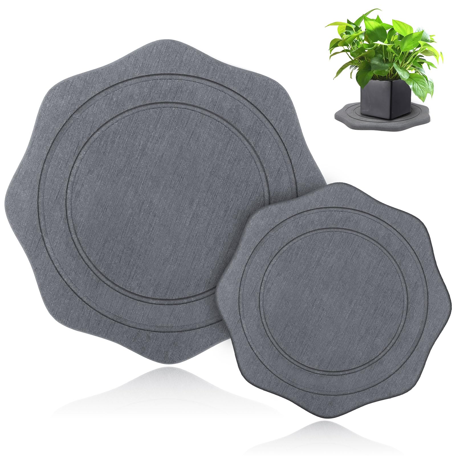 Diatomaceous Earth Plant Saucers - 2 Pack (8 & 12 Inch) No Hole Indoor Plant Drainage Trays for Pots - Dark Gray - Perfect for Houseplants, Succulents & Flower Pots