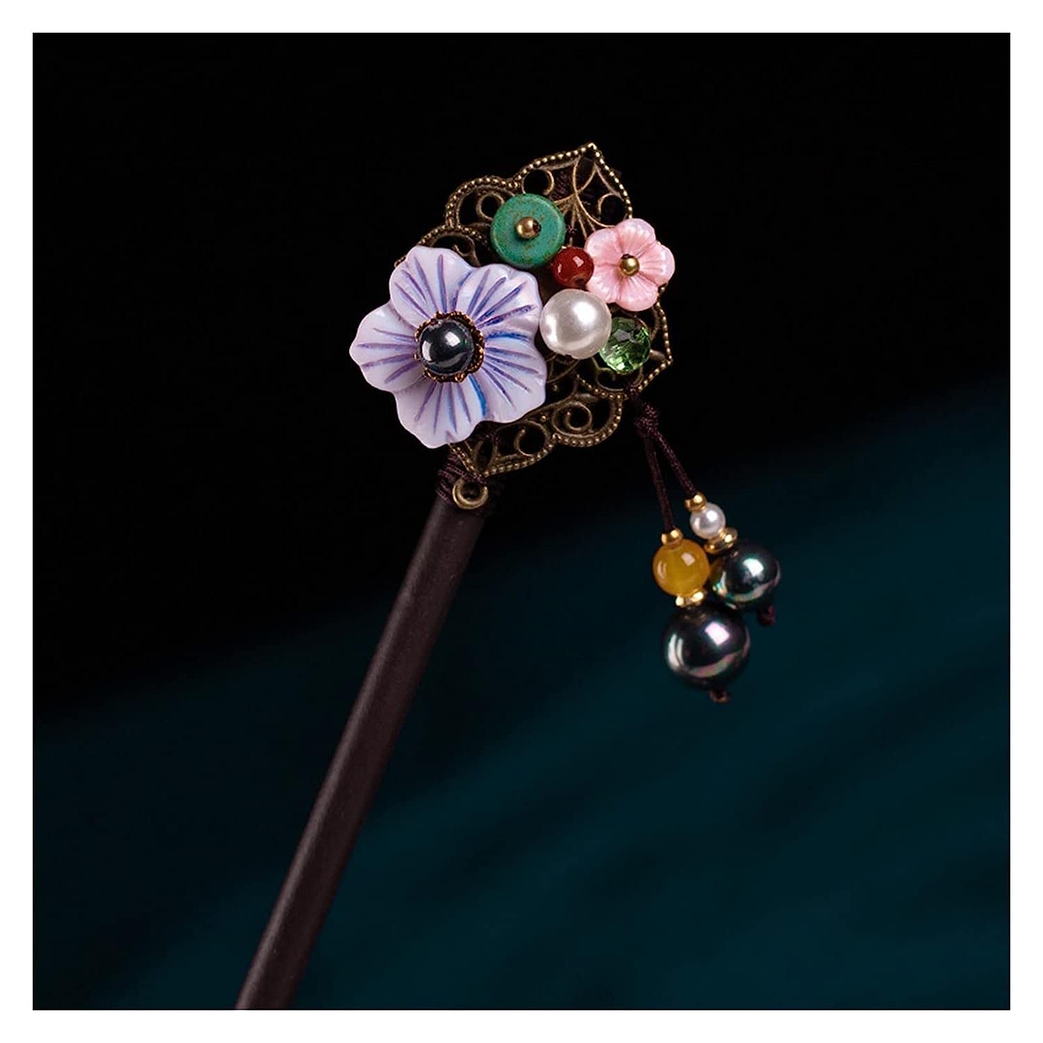 GOOFFY Vintage Wooden Hair Pins with Crystal Flowers - Simulated Plum Blossom Hair Clips for Women, Wedding & Banquet Hair Accessories (Size L) - Perfect for Bridal, Prom, and Formal Occasions