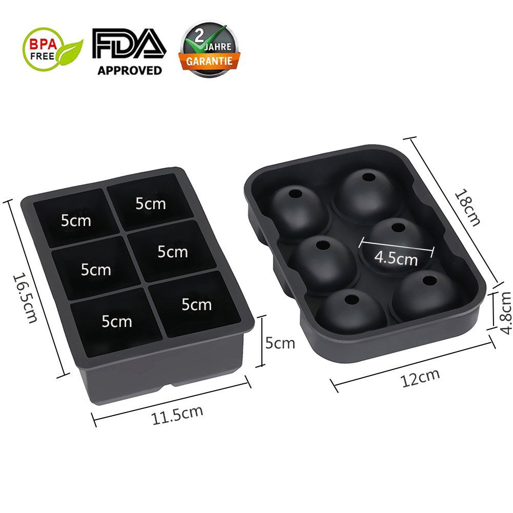 Ticent & Co Silicone Ice Cube Trays Set of 2 - Sphere Ice Ball Maker with Lid & Large Square Molds, BPA Free & Reusable for Cocktails, Whiskey, and Party Drinks