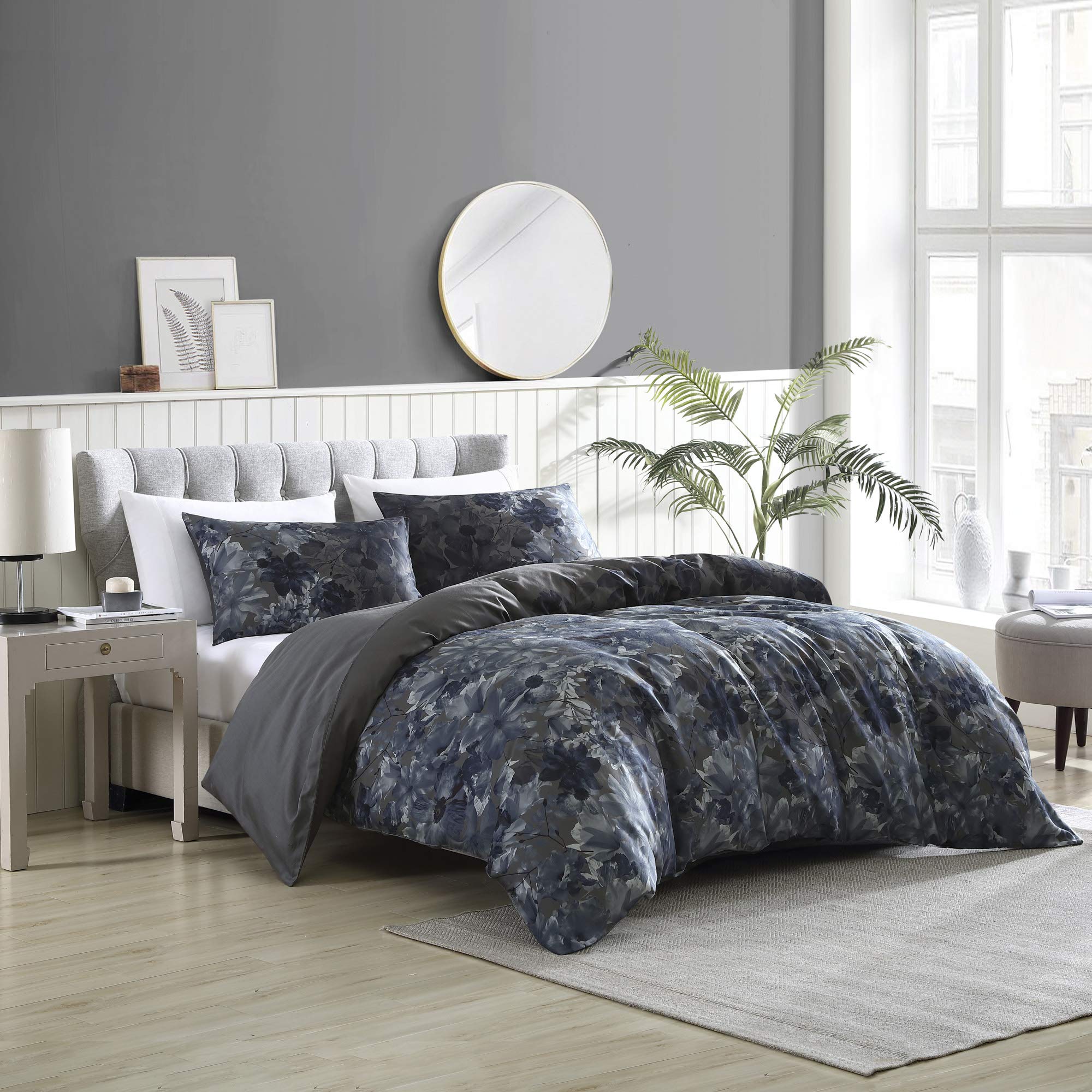 Brielle Camila Floral Printed & Charcoal Reverse 100% Cotton Duvet Cover Set - Blue & Charcoal - Full/Queen Size - Soft & Breathable Bedding for Cozy Bedroom Decor
