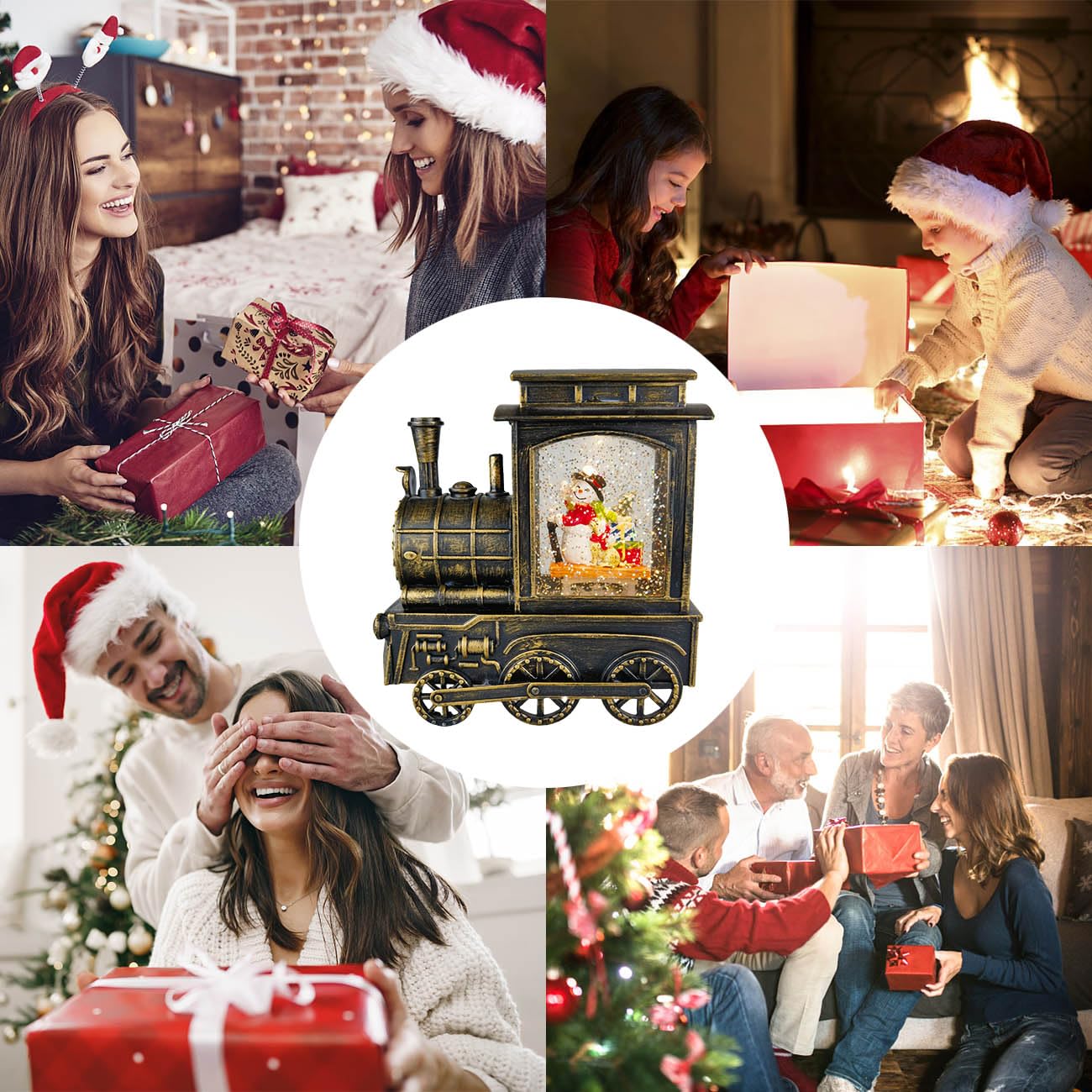 Charming Singing Snowman Family Snow Globe Lantern with Timer & Glittering Snow Effect - Bronze Train Design | Battery/USB Powered | Perfect for Christmas Decor, Gift Giving & Holiday Home Décor