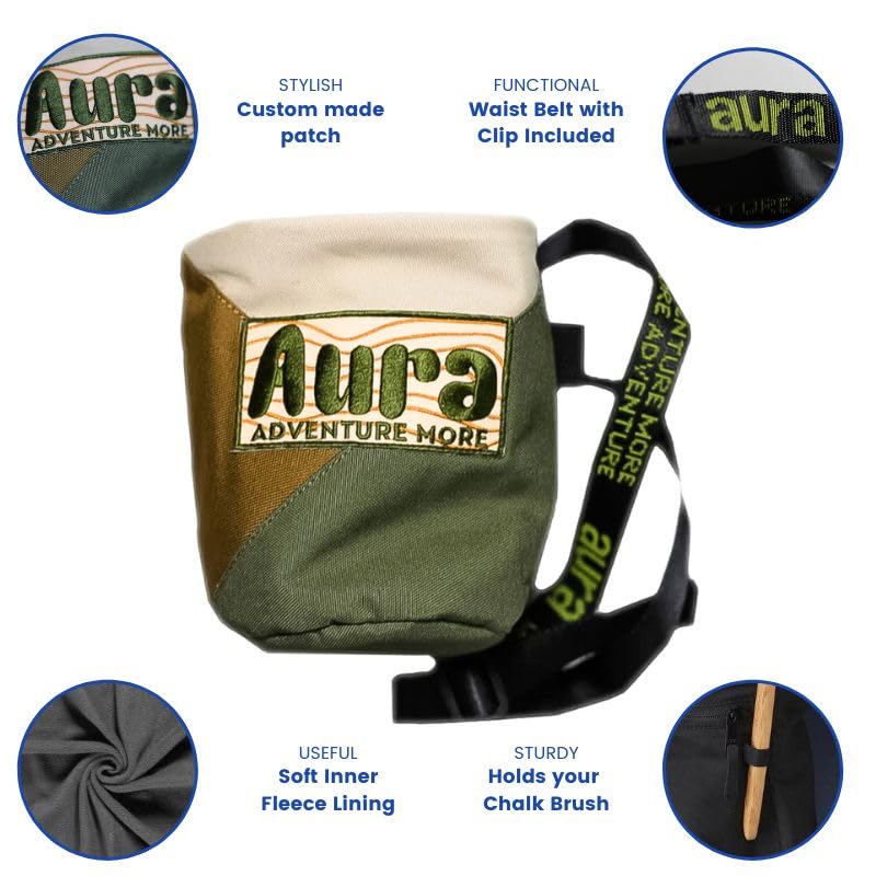 **Aura Premium Rock Climbing Chalk Bag - Adjustable Belt & Drawstring Closure - Ideal for Bouldering, Gym Weightlifting & Outdoor Adventures**    *(Use Case: Perfect for climbers, boulderers, and fitness enthusiasts to keep hands dry and improve grip during workouts or outdoor adventures.)*