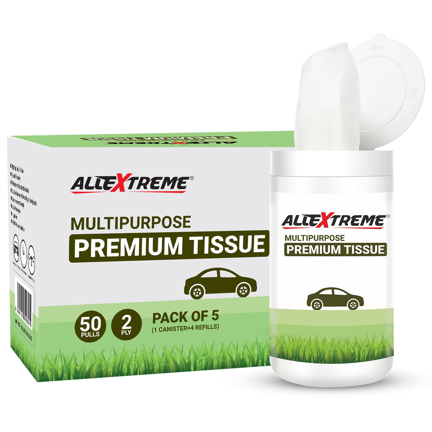 AllExtreme Portable Multi-Purpose Tissues Cup Holder Cylinder Tissue Box Napkin Case - 50 Pulls for Car, Home & Travel (Pack of 5: 1 Canister with Tissues + 4 Refills) | Perfect for Road Trips, Office Desks & Baby Changing Stations
