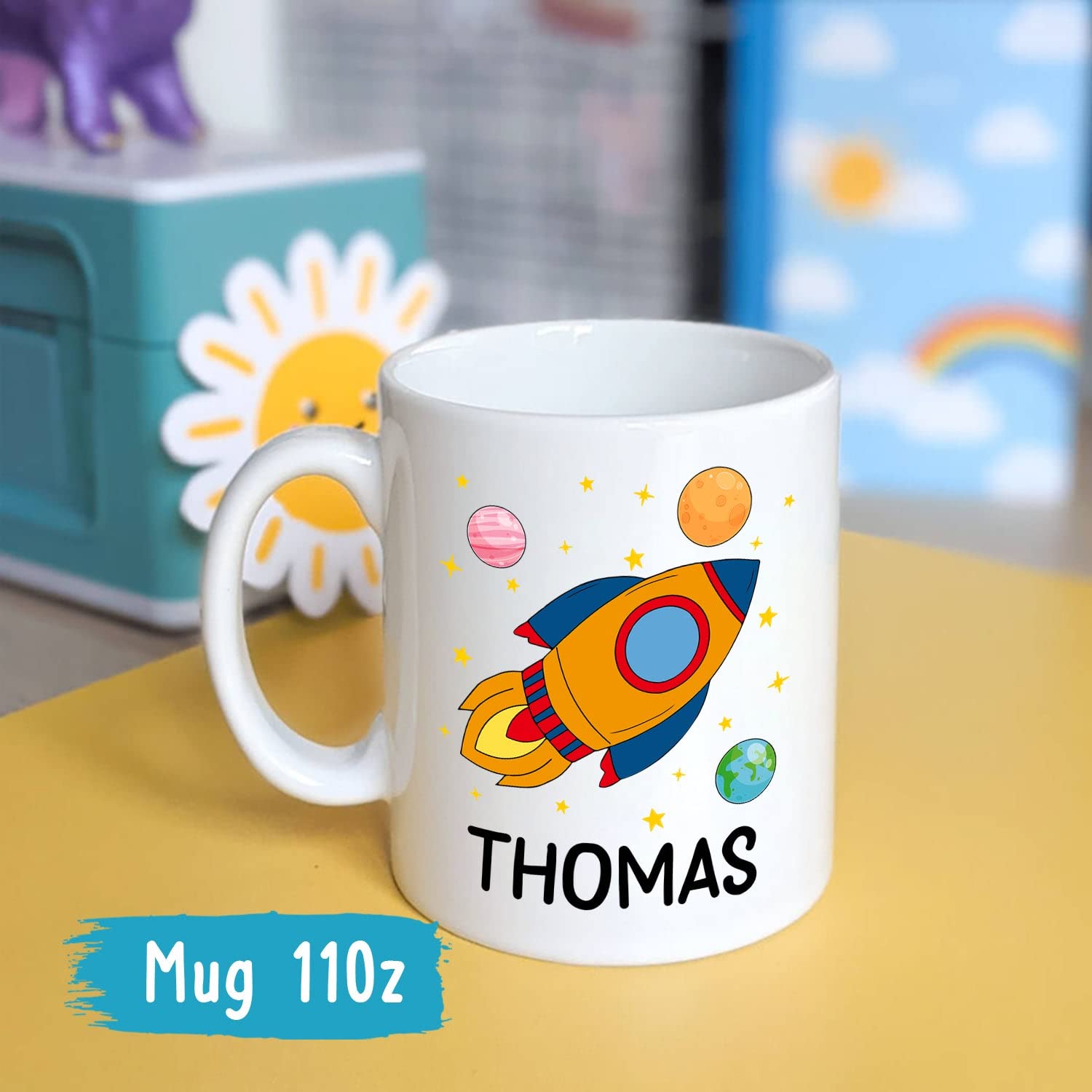 Personalized Kids Coffee Mug with Name - Custom Rocket Ship Design for Hot Chocolate & Drinks - 11oz & 15oz Ceramic White Mugs - Perfect Birthday Gift for Boys & Girls - Great for School, Home & Travel Use