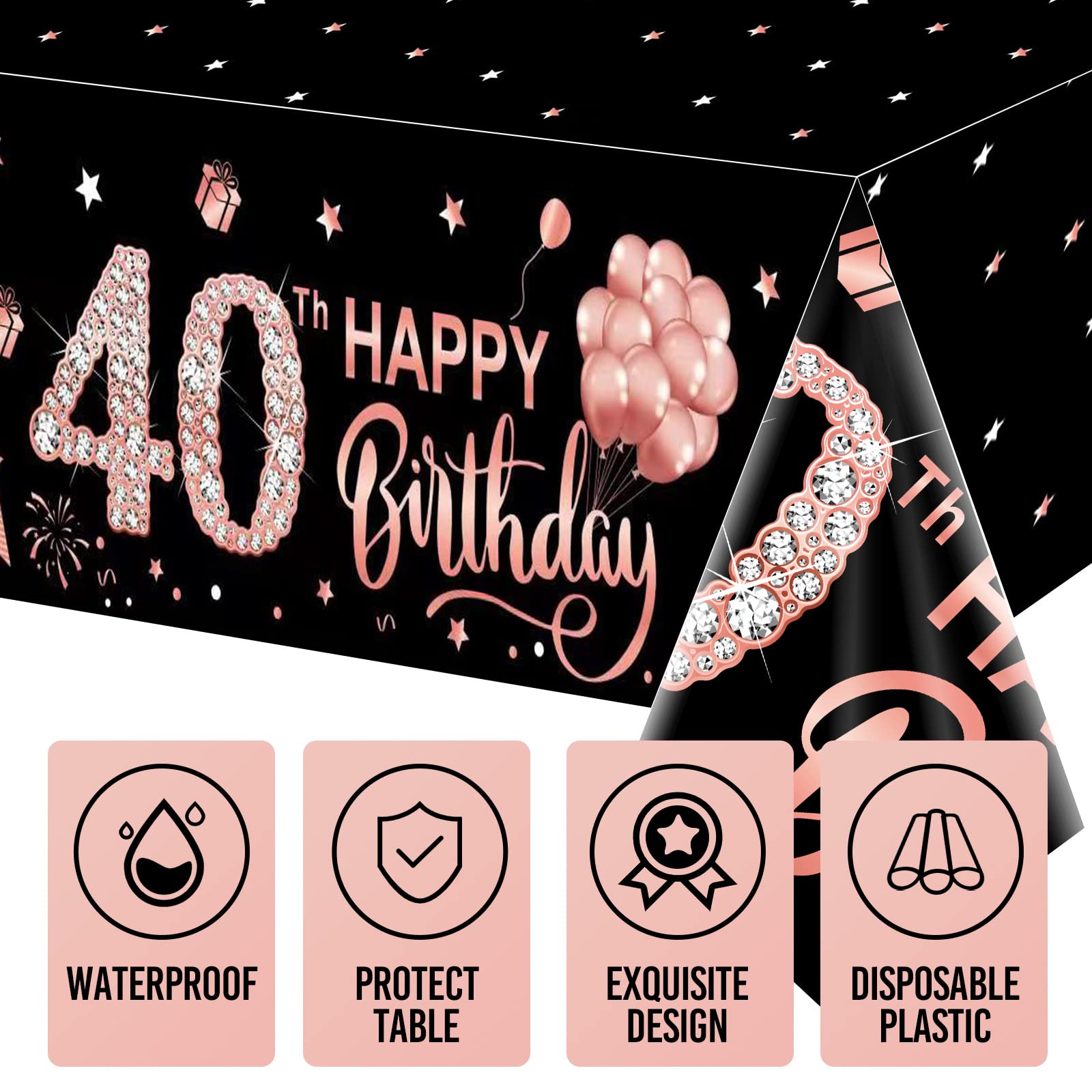 3 Pack Rose Gold Happy 40th Birthday Tablecloth Decorations for Women - Disposable Plastic Rectangular Table Cover - 40 Year Old Party Supplies - Perfect for Birthday Celebrations, Anniversary Parties & Special Events