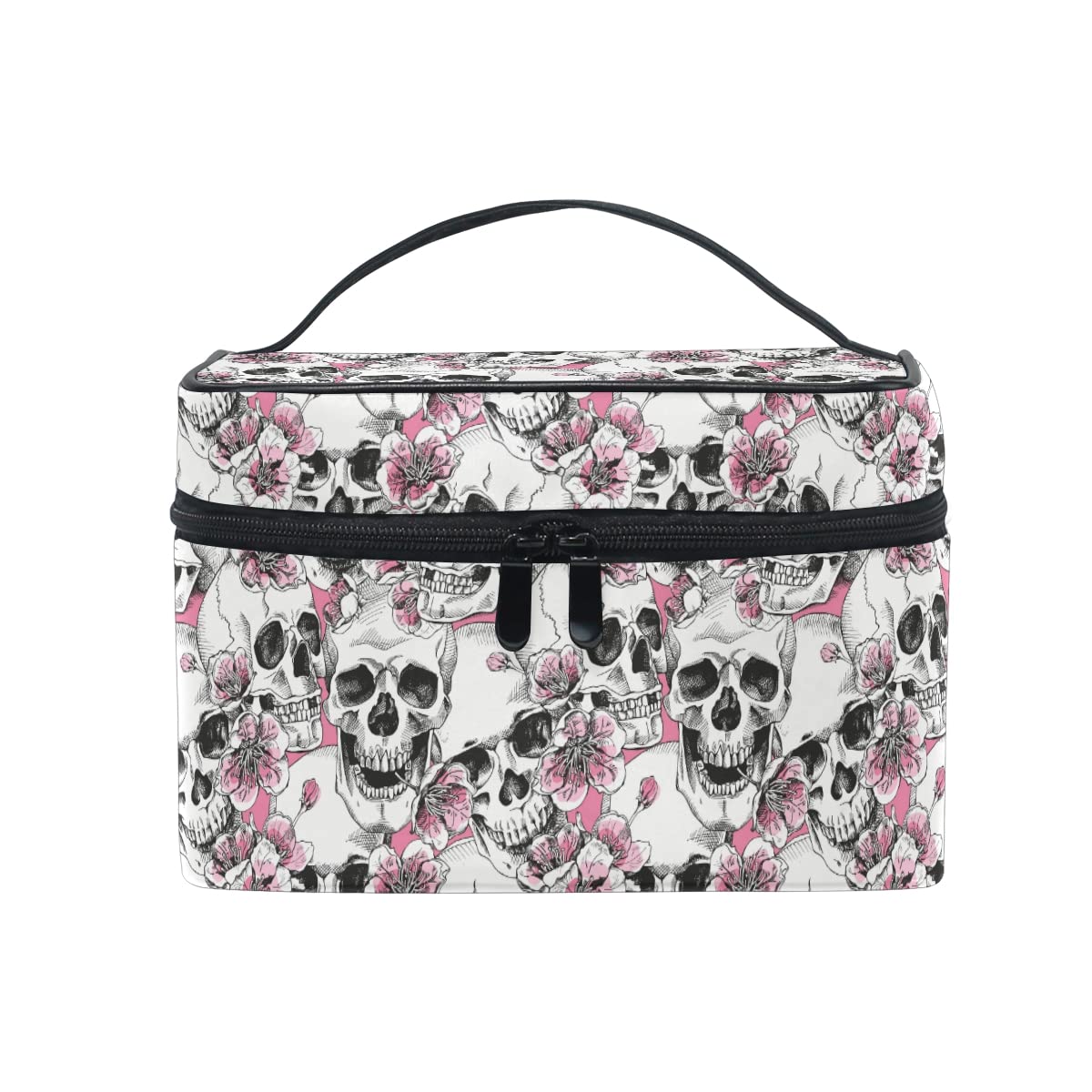 Gothic Skull Flower & Pink Cherry Makeup Bag - Travel Cosmetic Organizer for Women | Halloween, Party, Daily Use Toiletry Pouch