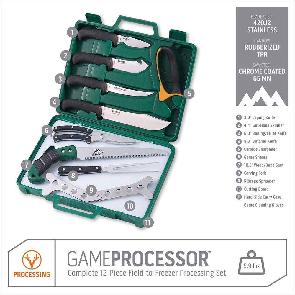 Outdoor Edge Game Processor 12-Piece Hunting Knife Set - Caping & Boning Knives, Skinning Knife, Bone Saw, Game Shears, Sharpener & Rib Spreader in Hard Case | Premium Butcher Knife Kit for Deer, Elk & Wild Game Processing | Perfect for Hunting, Field Dressing & Meat Preparation