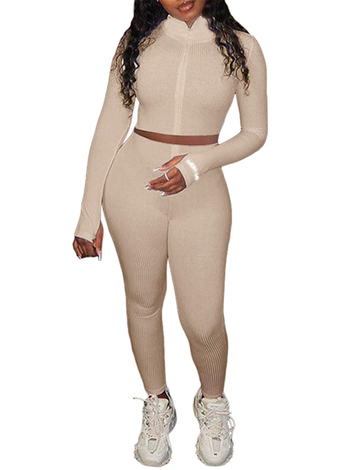 ALLUMK Women's Knit 2-Piece Outfit - High Neck Zipper Crop Top & Bodycon Pants Set, Casual Tracksuit for Gym, Yoga, Running & Streetwear Fashion