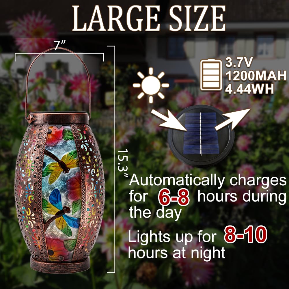 Outdoor Solar Lantern with Hollowed-Out Dragonfly Design - Waterproof Glass & Metal Hanging Light for Patio, Garden, Tabletop - Solar Powered Decorative Lighting for Outdoor Parties, Camping, and Backyard Decor