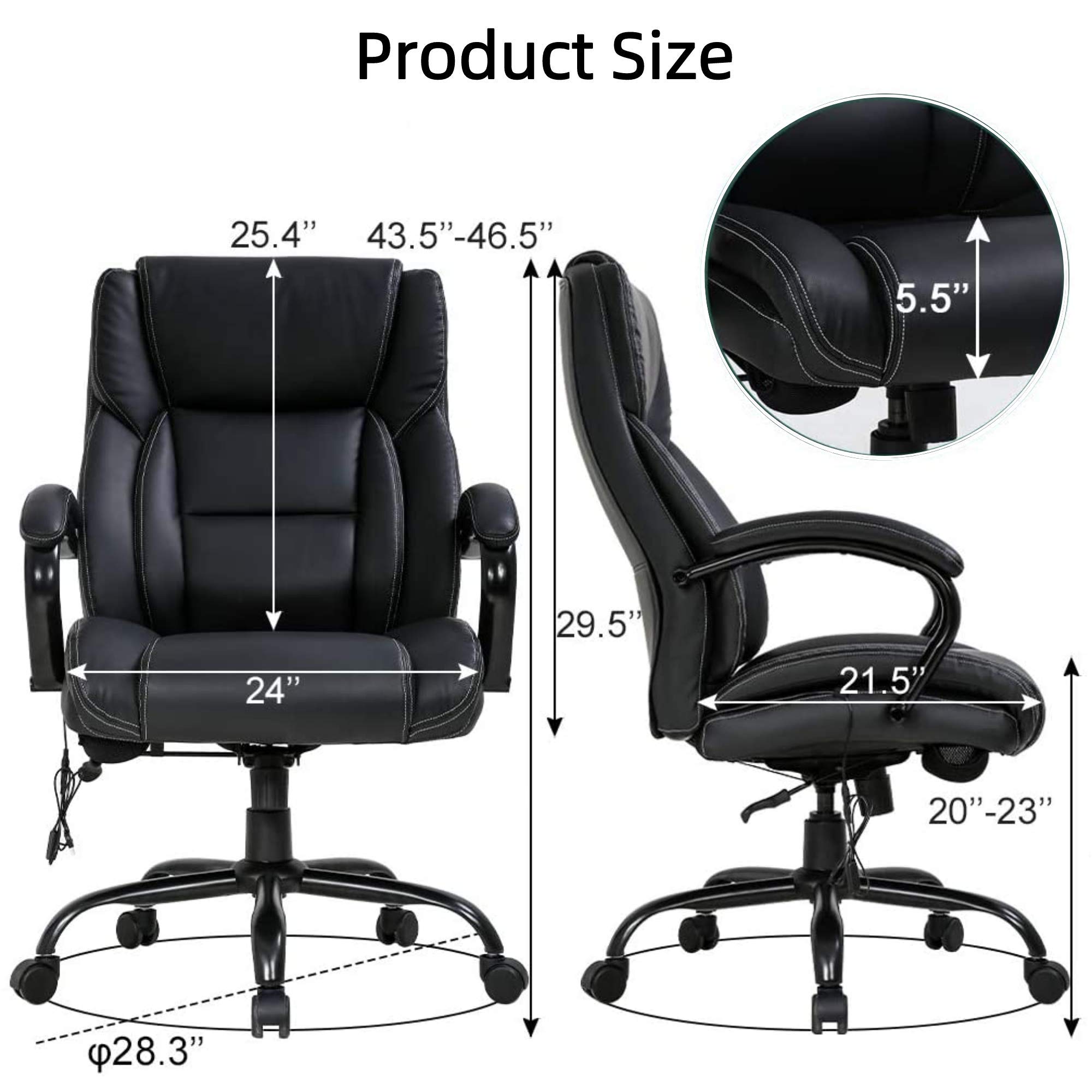Big and Tall Office Chair 500lbs - Ergonomic PU Leather Executive Chair with Massage Lumbar Support, Thick Padding & Adjustable Headrest - High Back Computer Desk Chair for Home Office - Perfect for Long Work Hours and Heavy Users