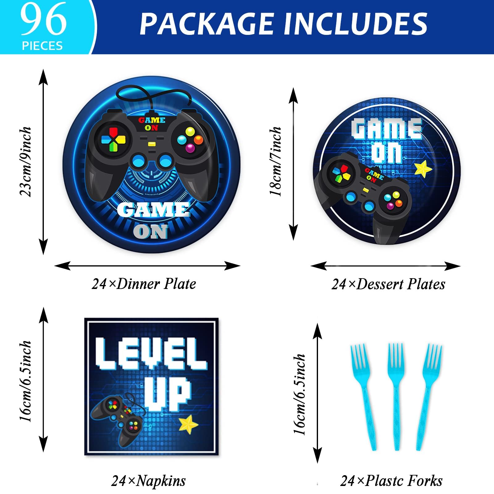 96-Piece Video Game Party Supplies Set - Paper Plates, Napkins & Decorations for Gaming Themed Birthday Party | Kids Party Favors | Serves 24 Guests | Perfect for Gaming Birthday Parties, LAN Parties & Esports Events