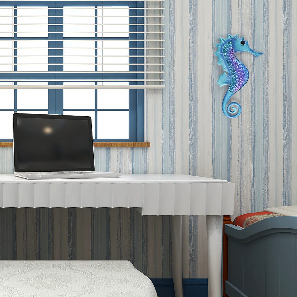 MDLUU Seahorse Wall Decor 14 Inches - Nautical Metal Wall Art, Marine Life Sculpture for Home & Garden - Perfect for Bathroom, Patio, Fence Decor (Blue) | Coastal & Beach House Decorating Idea