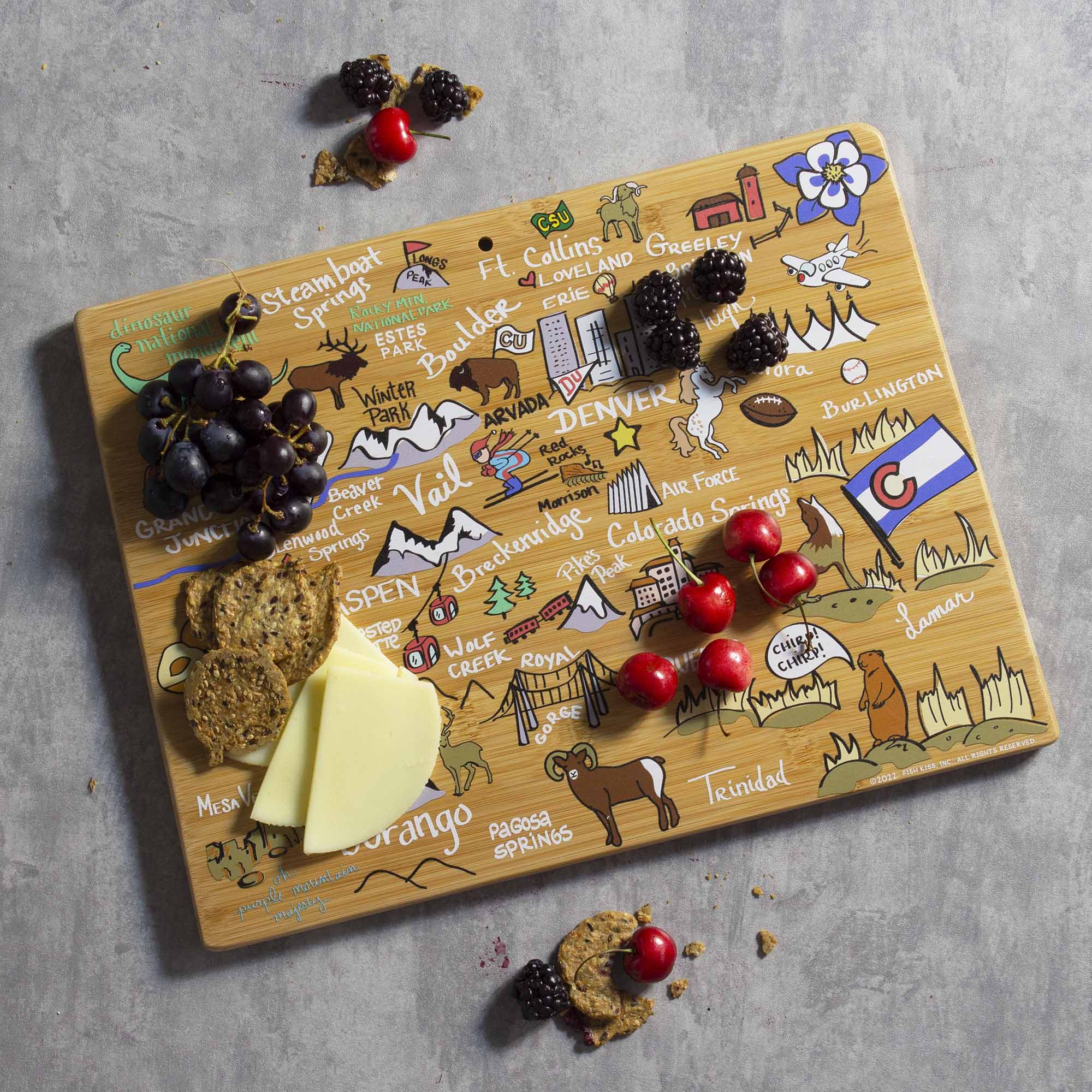 Premium Colorado Wood Cutting Board with Handcrafted Fish Kiss™ Artwork - Perfect for Kitchen Prep, Charcuterie Boards & Gift Giving