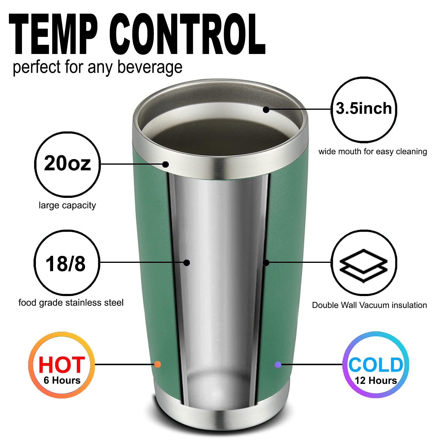 COMOOO 20oz Stainless Steel Double Wall Vacuum Insulated Tumbler - 8 Pack Bulk Coffee Travel Mug with Lid & Straw for Hot & Cold Drinks (Dark Green) - Perfect for Office, Gym, Camping & Road Trips