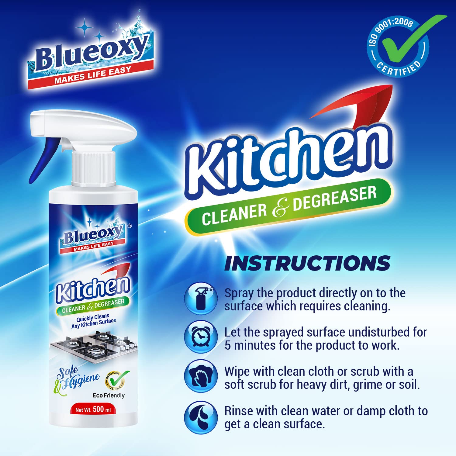 Herbo Pest BLUEOXY Kitchen Cleaner Degreaser - All-Purpose Surface Cleaner for Stove Tops, Chimneys & Grease Removal | 500ml Ready-to-Use Spray | Ideal for Kitchen Oil Stains, Glass Cleaning & Heavy-Duty Degreasing | Perfect for Home, Restaurant & Commercial Use