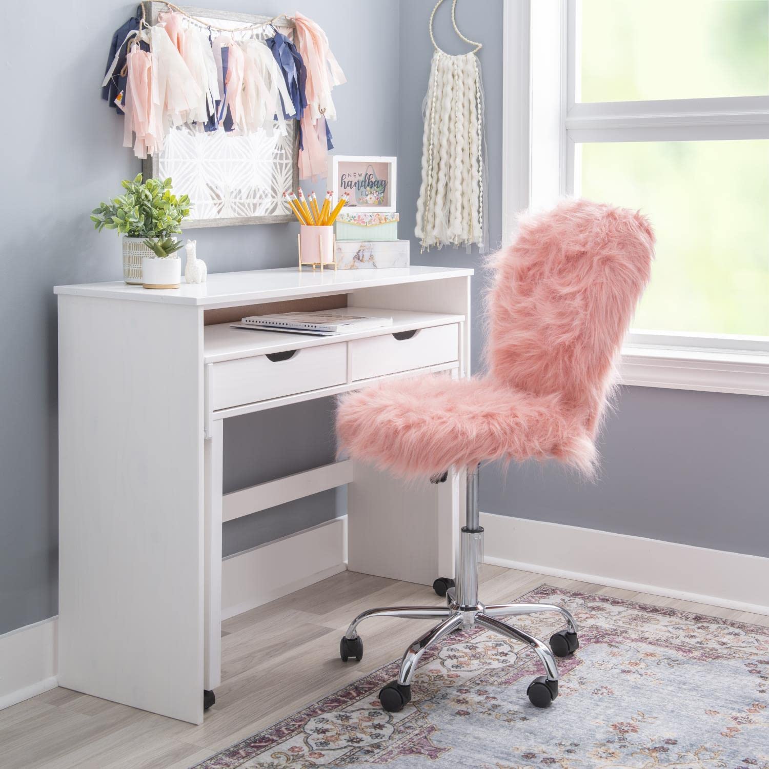 Linon Faux Flokati Armless Office Chair in Blush Pink - Modern Comfort for Home Office, Study & Workspace - Soft Velvet Accent Chair for Work & Relaxation