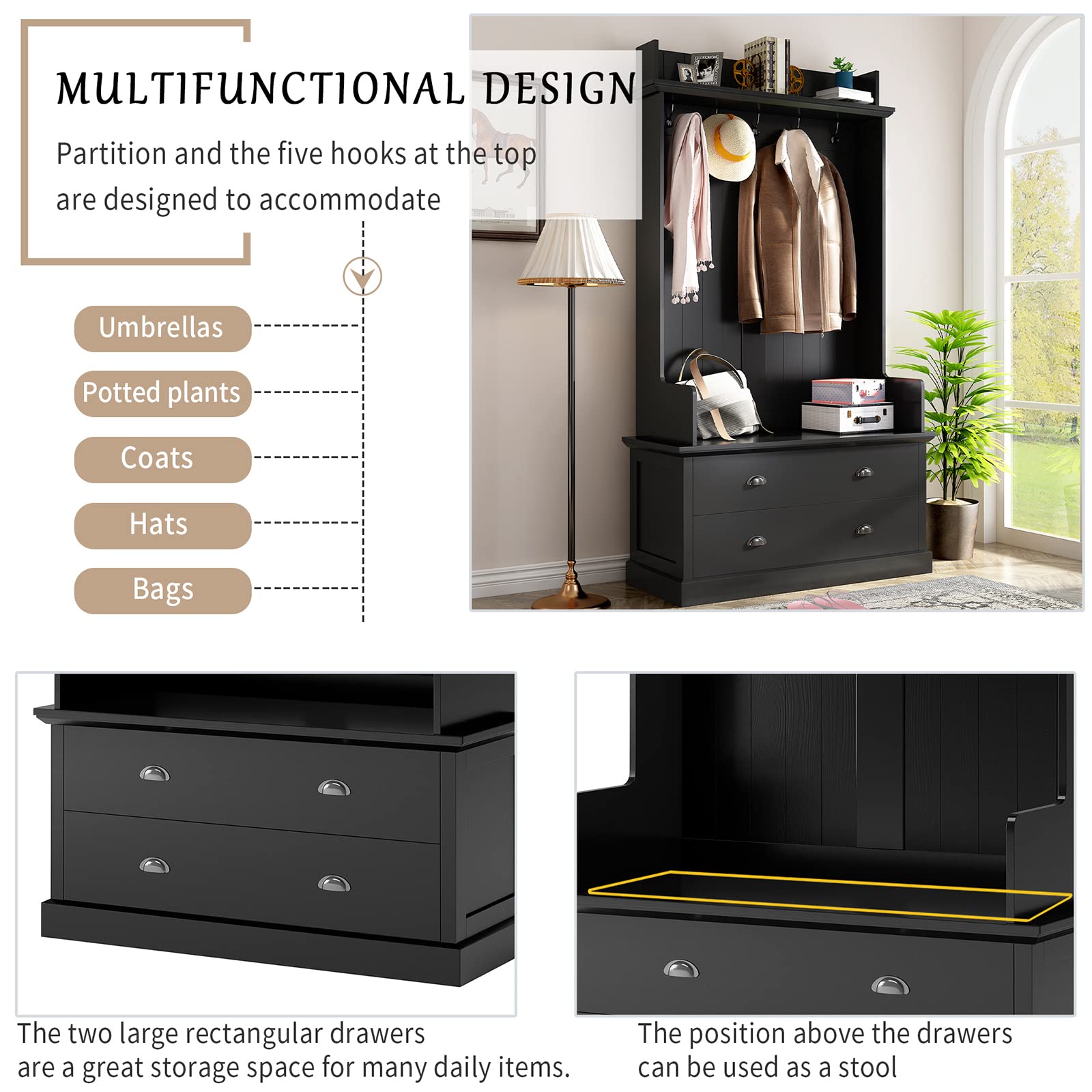 Modern Wooden Hall Tree with Storage Bench & Shoe Organizer - Entryway Furniture with Metal Drawer Handles for Hallway, Living Room & Foyer - Perfect for Small Space Organization & Home Decor