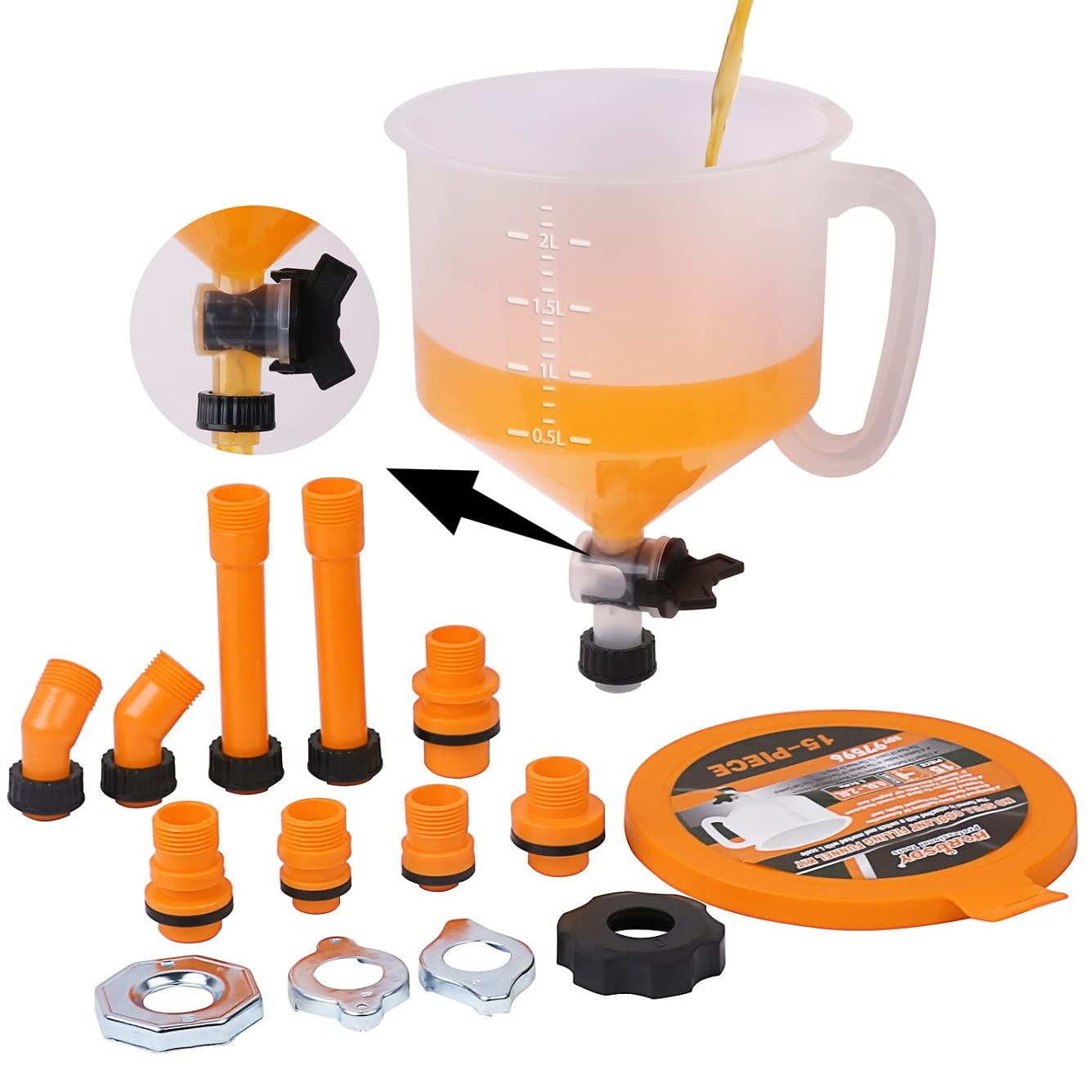 HORUSDY No-Spill Coolant Funnel Kit with Adapters - Universal Fit Spill Proof Funnel Bleeder for Car, Truck & SUV - Perfect for DIY Coolant Flush & Radiator Maintenance