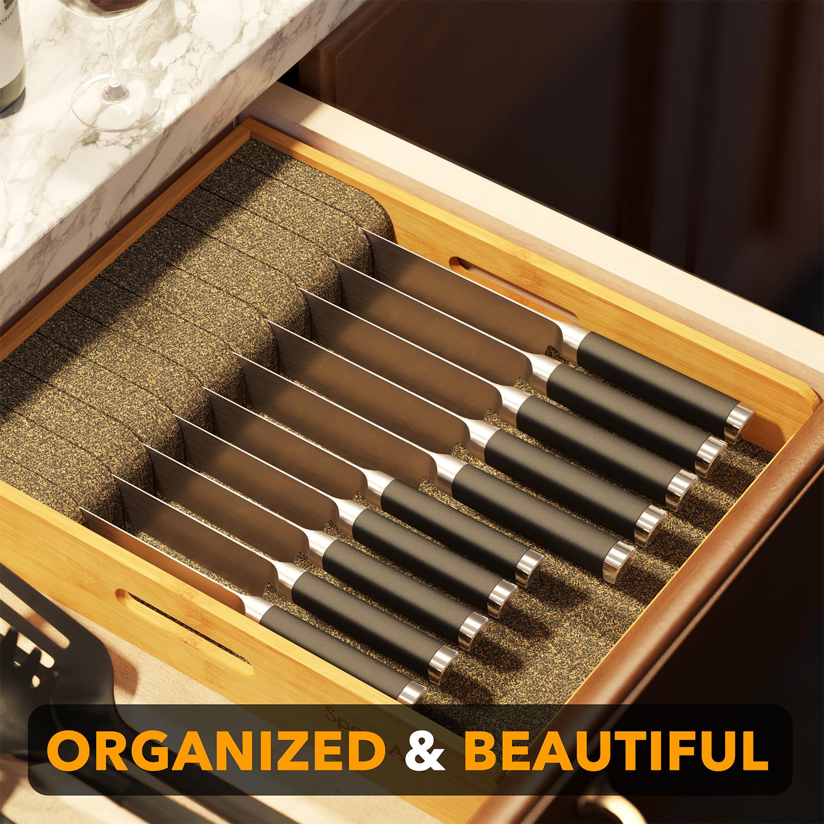 SpaceAid Large Bamboo Knife Drawer Organizer - Premium Steak Knife Holder & Kitchen Storage Insert for Drawers | Perfect for Kitchen Organization & Utensil Storage (Large Size)