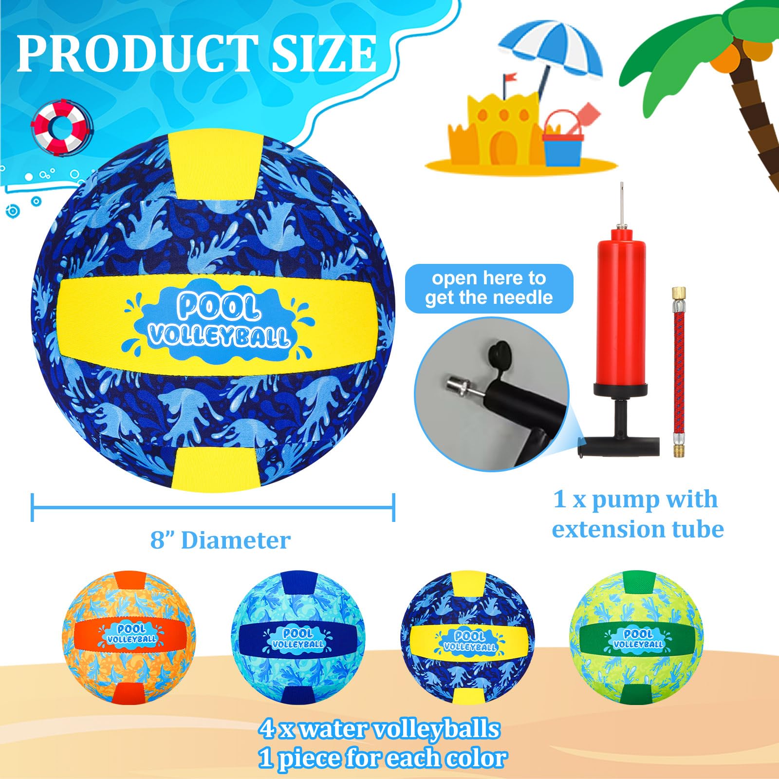 4 Pack Inflatable Water Volleyball Set - 8 Inch Waterproof Pool Balls for Swimming, Beach & Backyard Games | Includes Ball Pump for Kids, Teens & Adults | Perfect for Summer Parties, Family Fun & Outdoor Activities