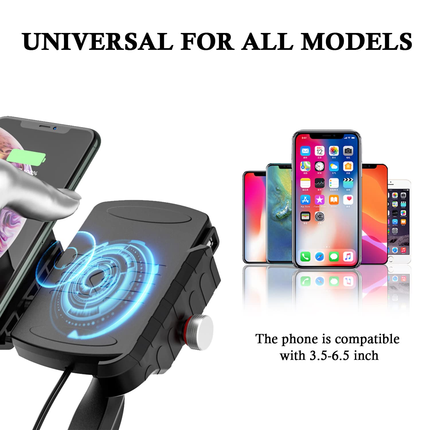 BATIGE 15W Qi Wireless Charger Motorcycle Phone Mount - Waterproof Aluminum Base with USB 2.0 Port & On/Off Switch for 12V/24V Vehicles - Perfect for Harley, Honda, Yamaha & Adventure Riding